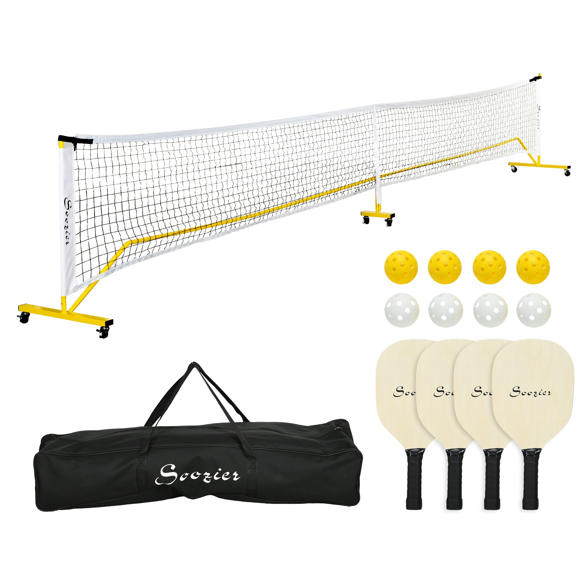 Soozier Pickleball Set with Net, Court Markers and Wheels, 22FT Portable Pickleball Net for Driveway with 4 Pickleball Paddles, 8 Pickleballs and 1 Carry Bag