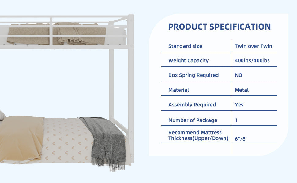 White metal twin over twin bunk bed, full front view