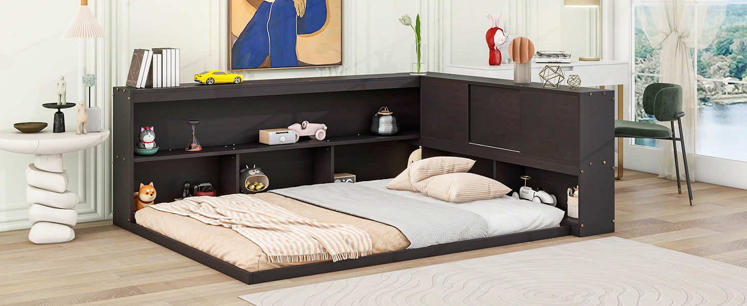 Full Floor Bed with L-shaped Bookcases, sliding doors,without slats,Espresso