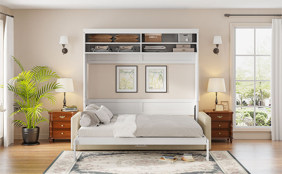 Queen Size Murphy Bed Wall Bed with Sofa,White