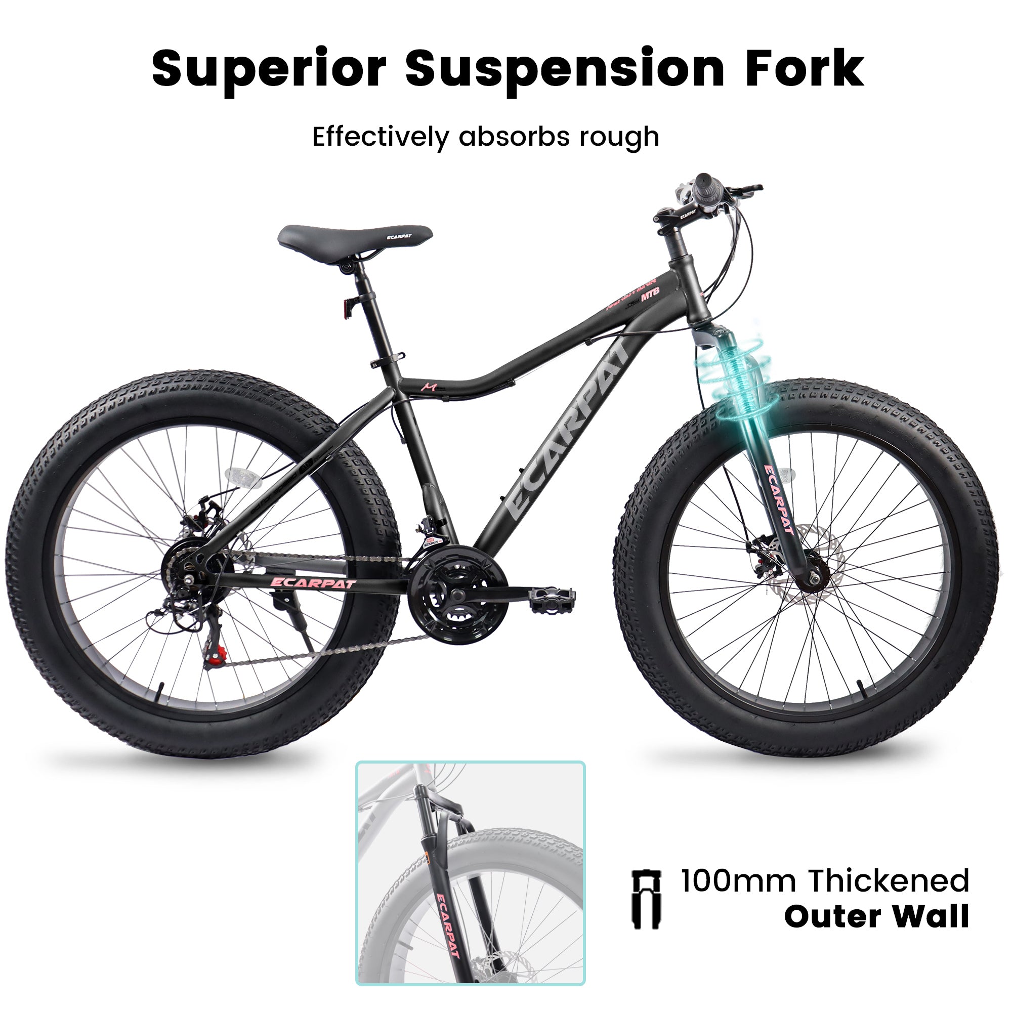 A2605D 26 Inch Fat Tires Mountain Bike, 4'' Wide Wheel, 21-Speed Disc Brakes, Mens Womens Trail Beach Snow Commuter City Mountain Bike,High Carbon Steel Frame Front Fork Bicycles