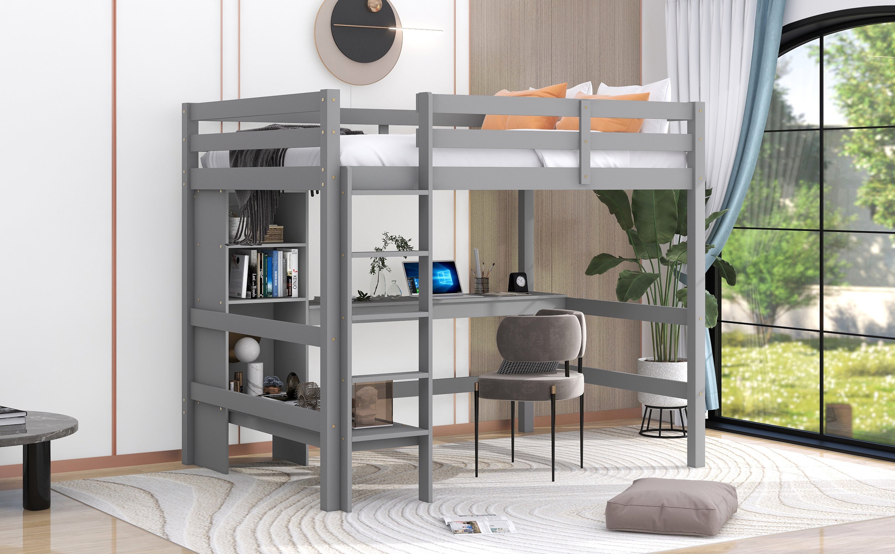 Full Size Loft Bed with Multifunction Shelves and Under-bed Desk, Gray