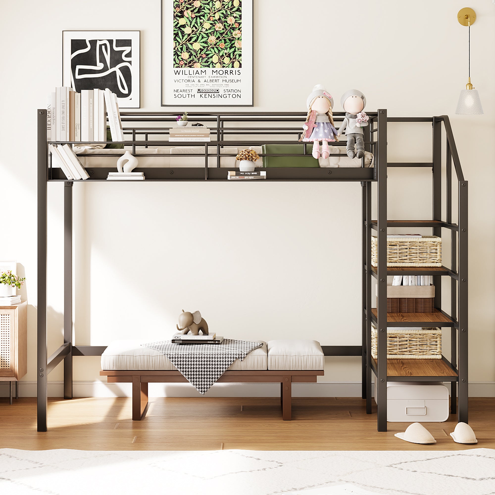 Twin Size Metal Loft Bed with Upper Grid Storage Shelf and Lateral Storage Ladder, Black