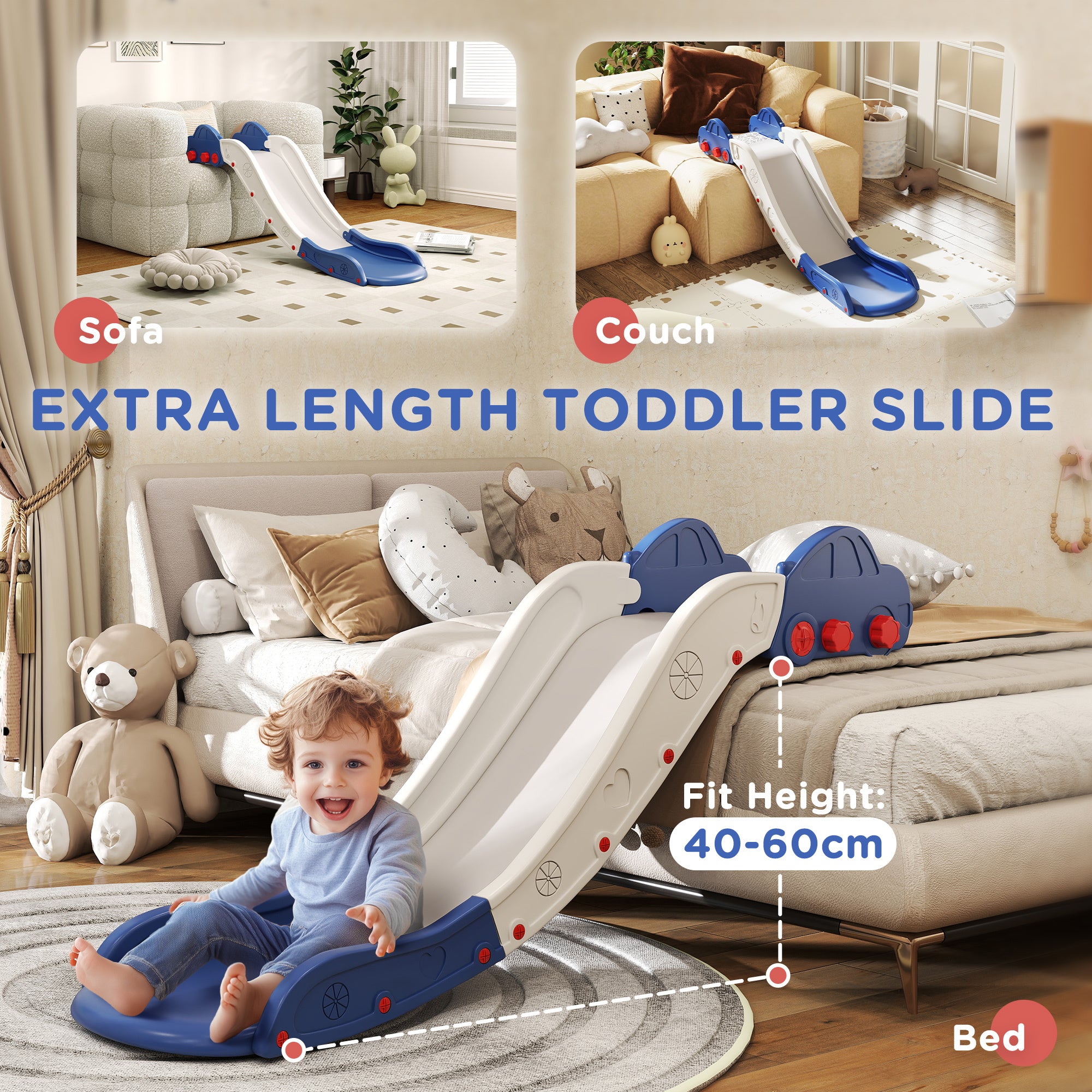 Qaba Toddler Slide, Couch Slide for Bed, Sofa, Extra Length Indoor Couch Slide for Toddler, Baby, Child, Easy to Assemble, Blue