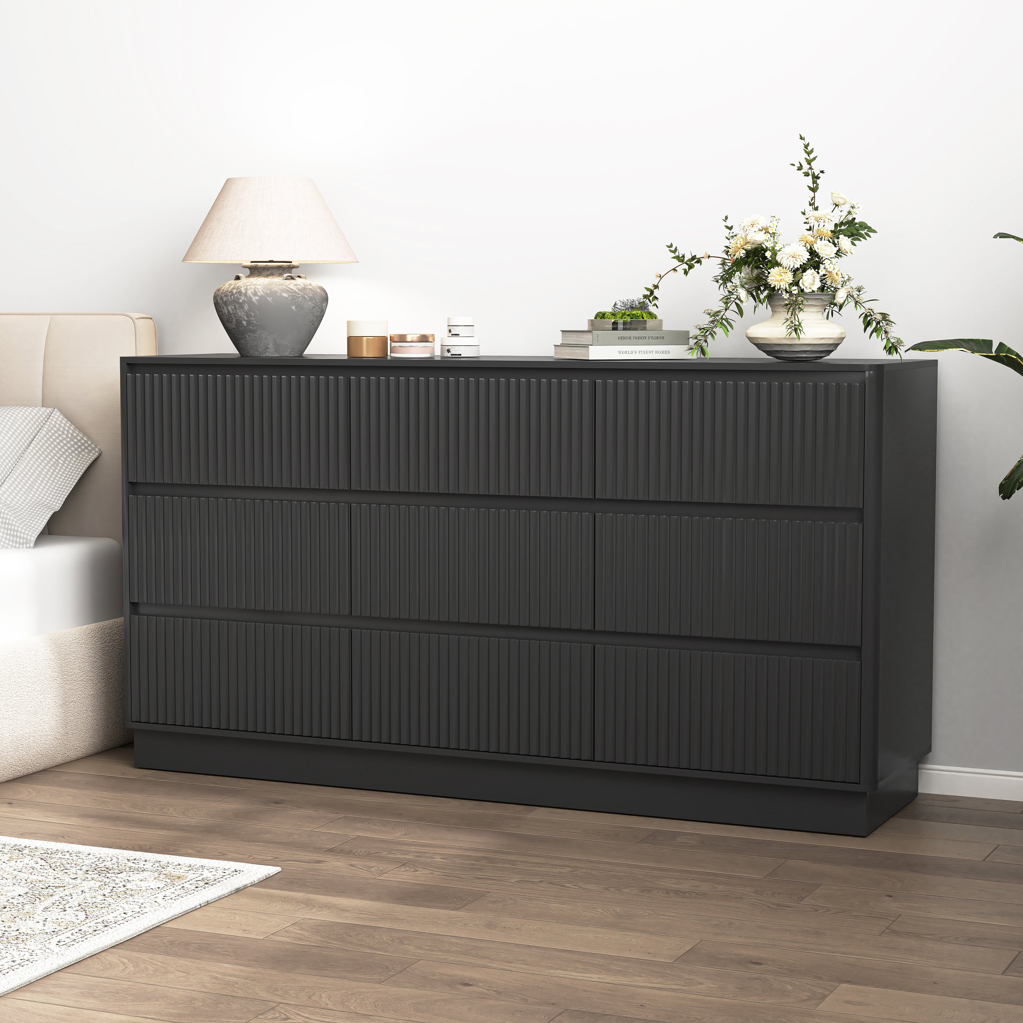 Long black wood chest of drawers, mid-century style, side detail