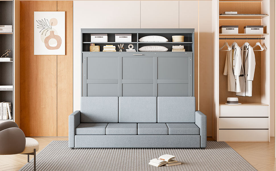 Queen Size Murphy Bed Wall Bed with Sofa,Gray