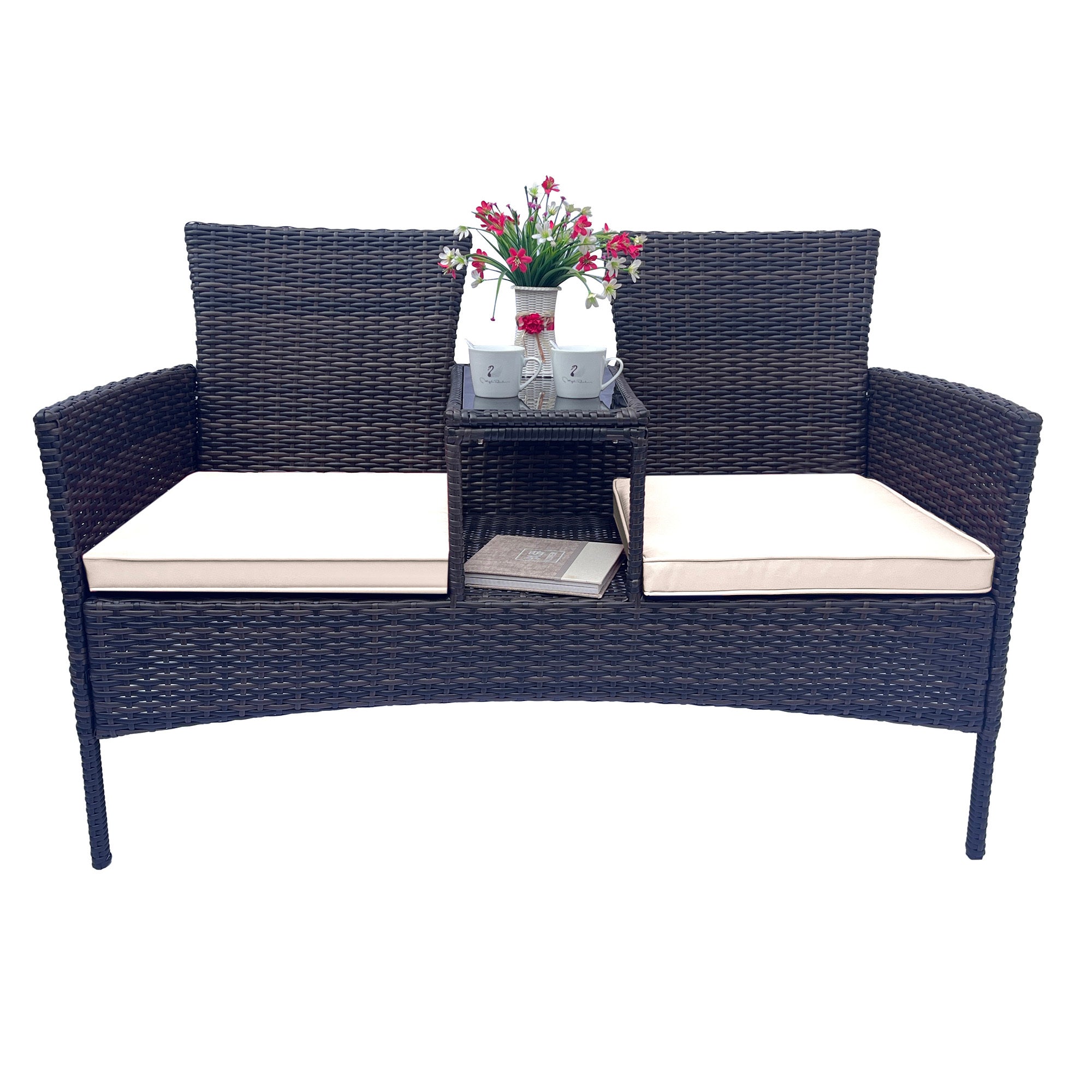 Wicker Patio Conversation Furniture Set, Outdoor Furniture Set with Removable Cushions & Table, Tempered Glass Top, Modern Rattan Bench for Garden Lawn Backyard