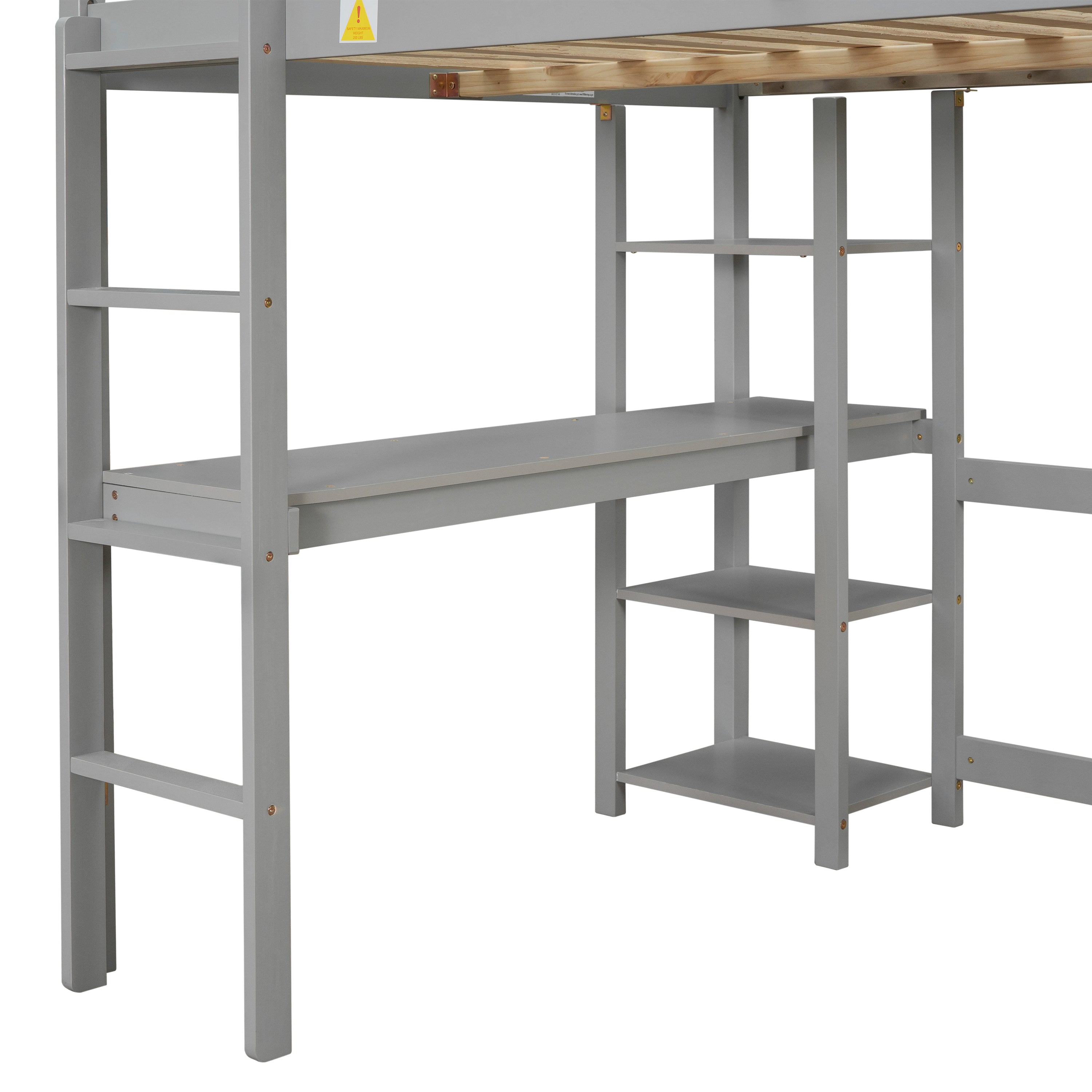 Full Loft Bed with Desk ,Shelves and Ladder, Grey