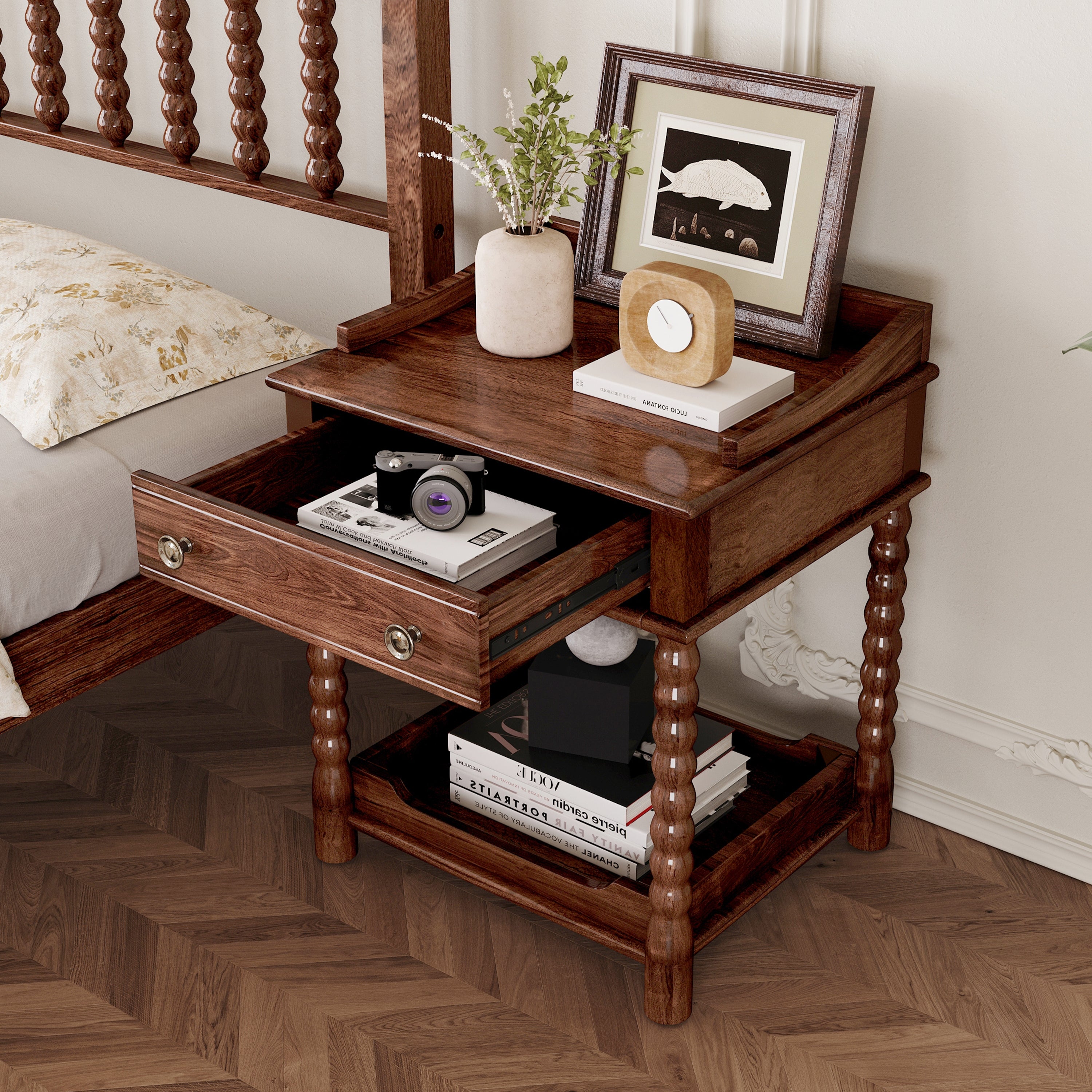 Retro walnut bedside table with turned legs, angled view