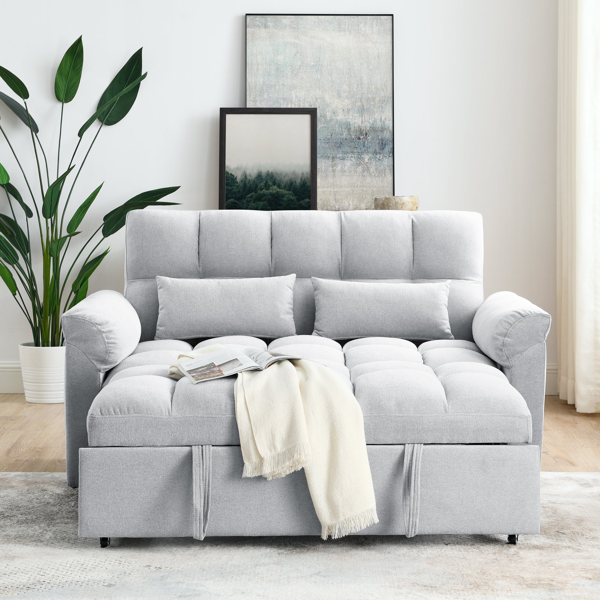 Loveseats Sofa Bed with Pull-out Bed,Adjsutable Back,Light Grey