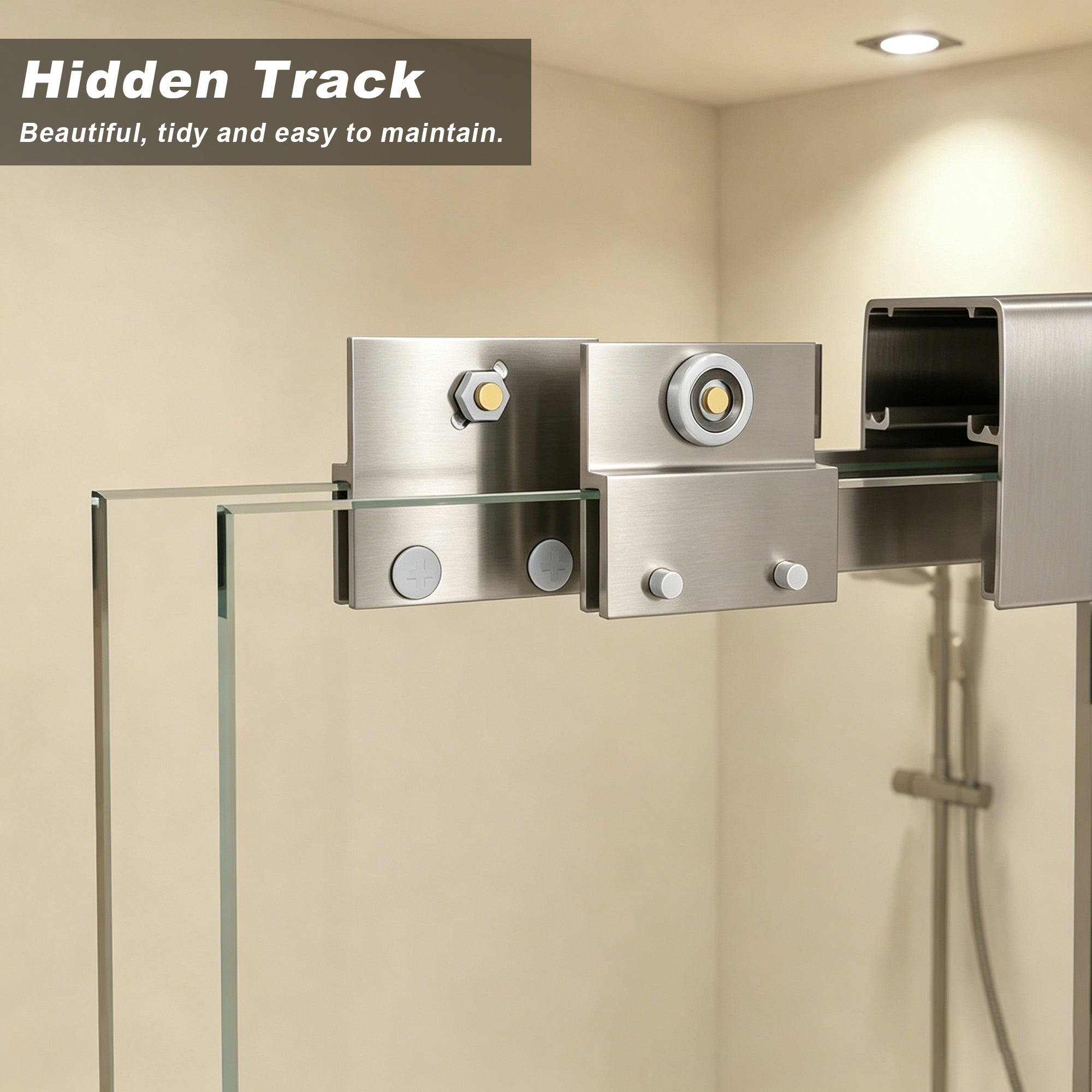 Sliding shower door 44-48 inch brushed nickel handle detail