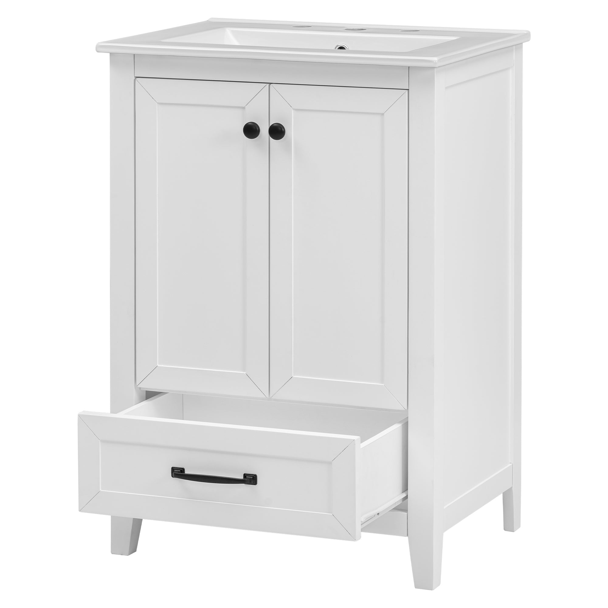 24" Bathroom Vanity with Sink, Bathroom Vanity Cabinet with One Drawer and Doors, Solid Wood and MDF, White