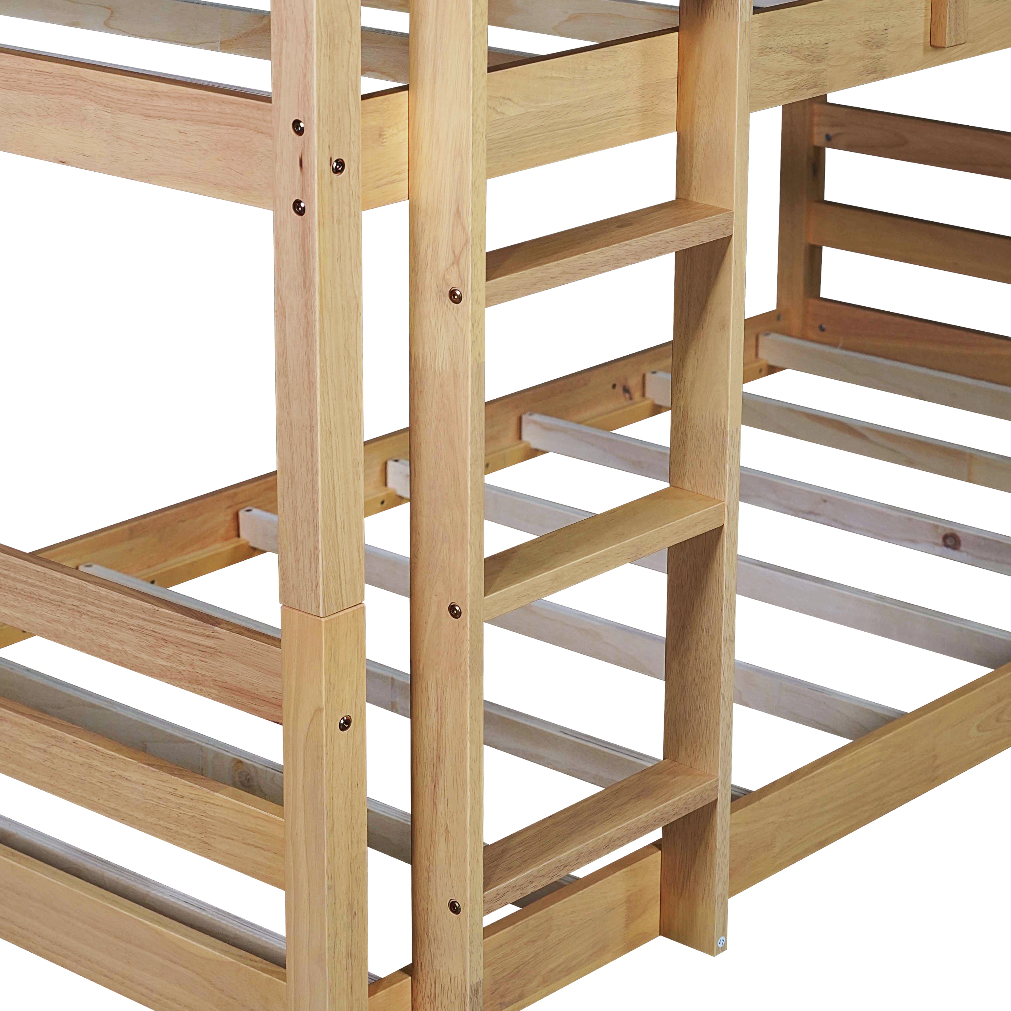 Triple twin rubber wood bunk bed natural finish with guardrails close-up