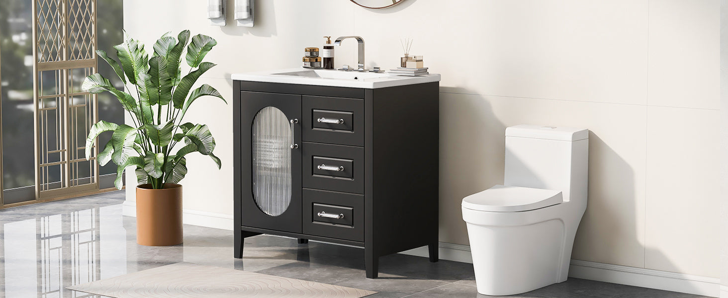 30" Bathroom Vanity with Sink, Bathroom Vanity Cabinet with Two Drawers and Door, Adjustable Shelf, Solid Wood and MDF, Black