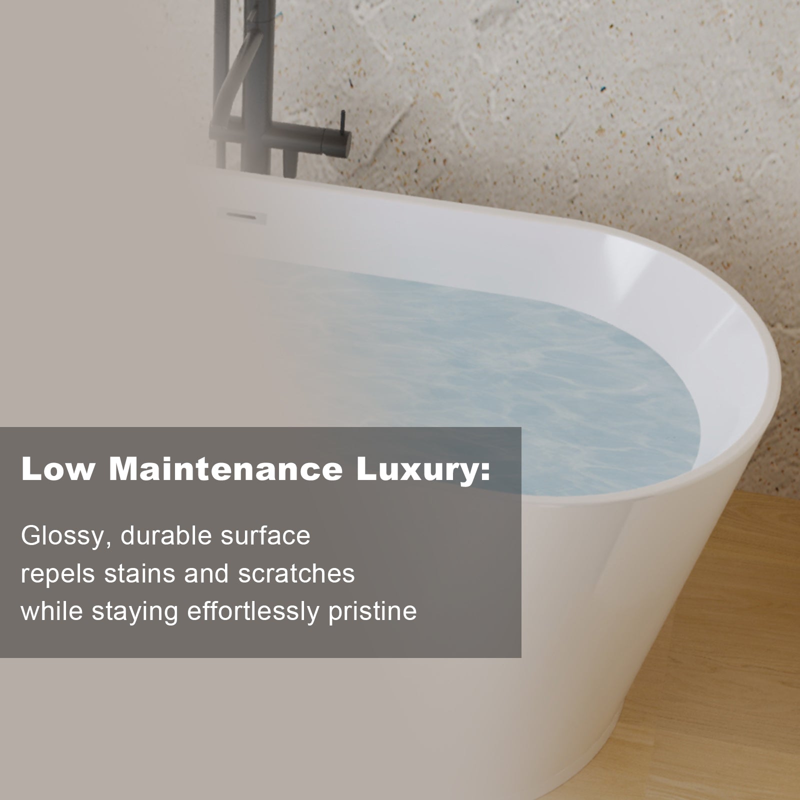Glossy white acrylic stand-alone bathtub, end profile view