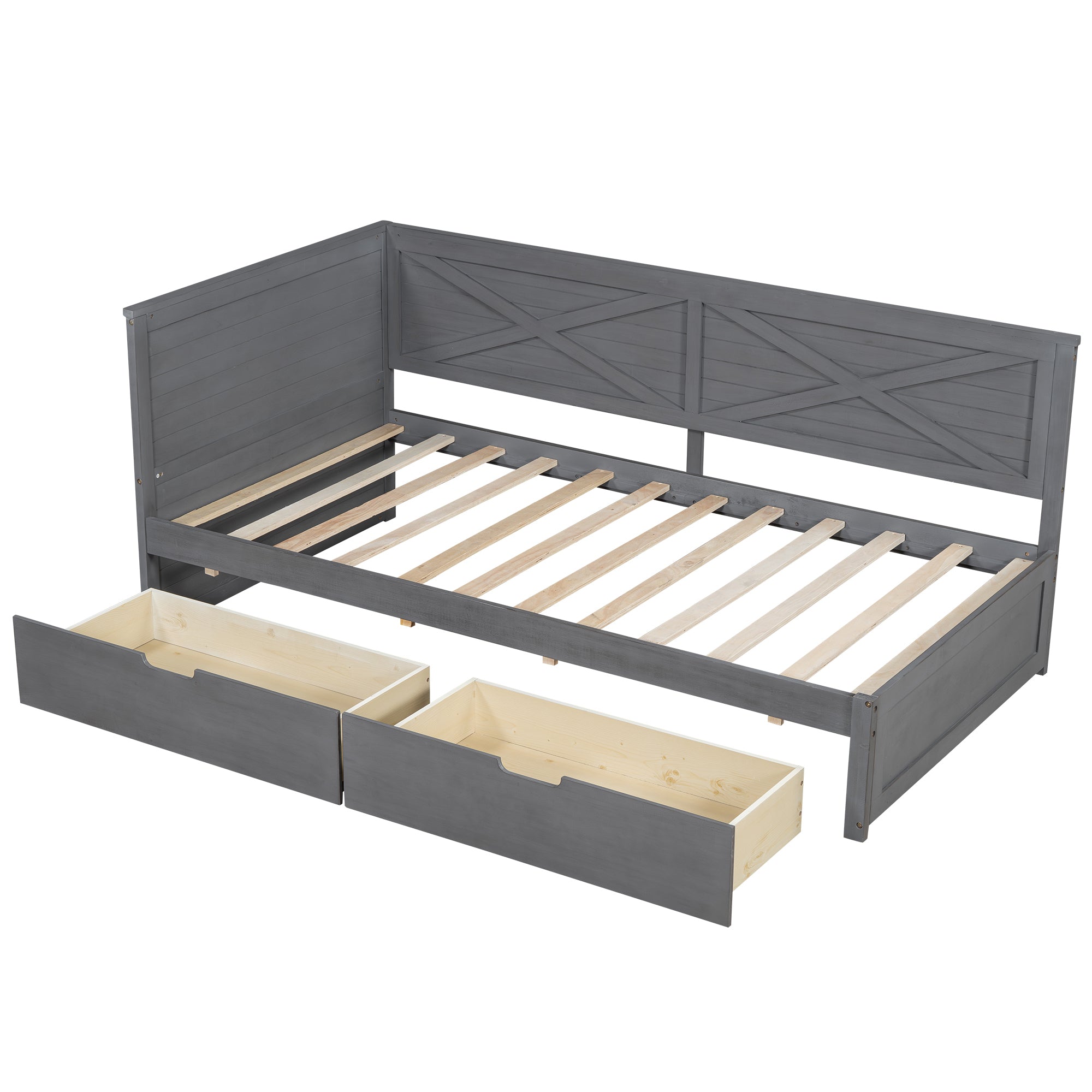 Twin Size Wood Daybed with 2 Drawers and Rustic Guardrail, Ancient Grey