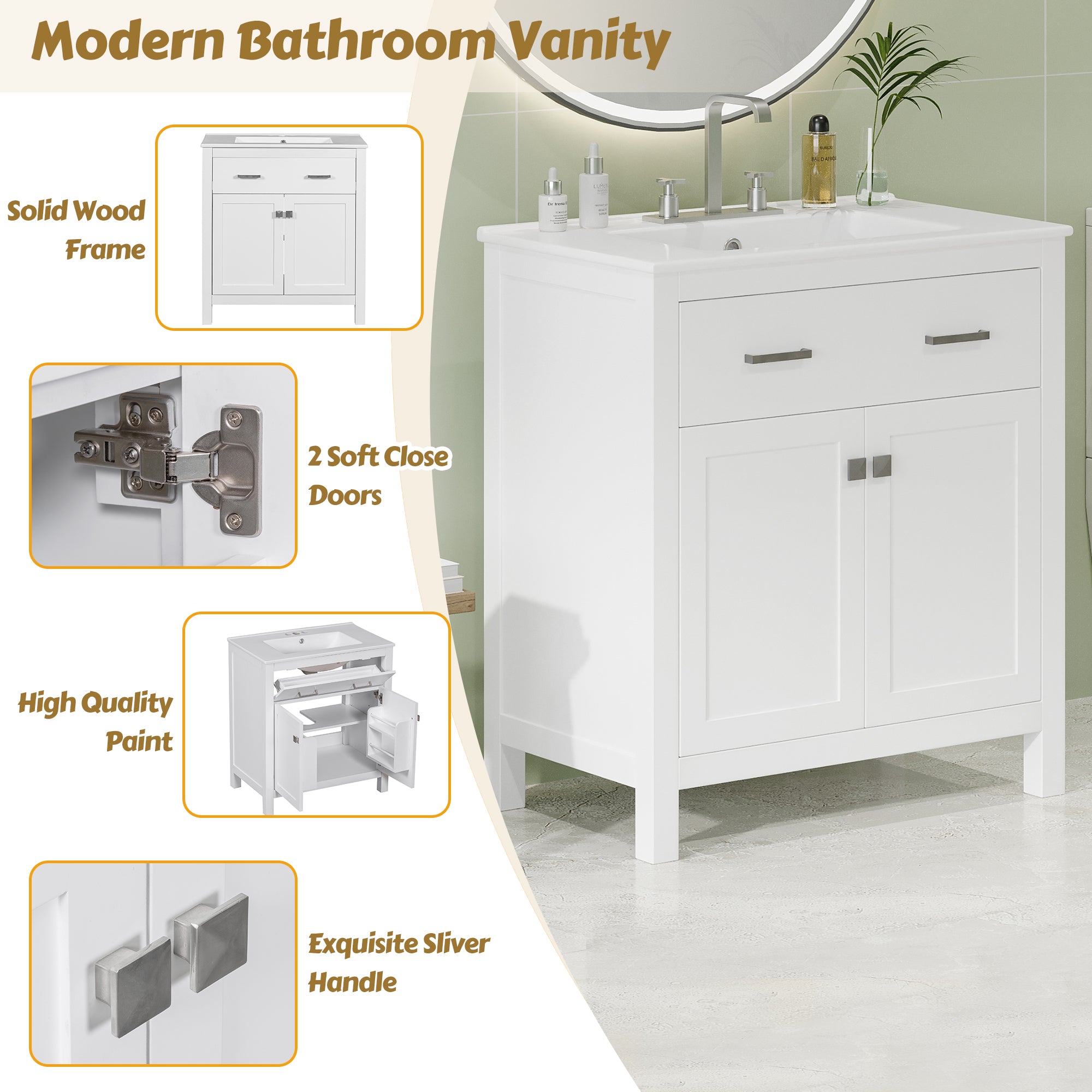 30-inch Bathroom Vanity with Ceramic Sink, Modern White Single Bathroom Cabinet with 2 Doors and a Shelf, Soft Close Doors