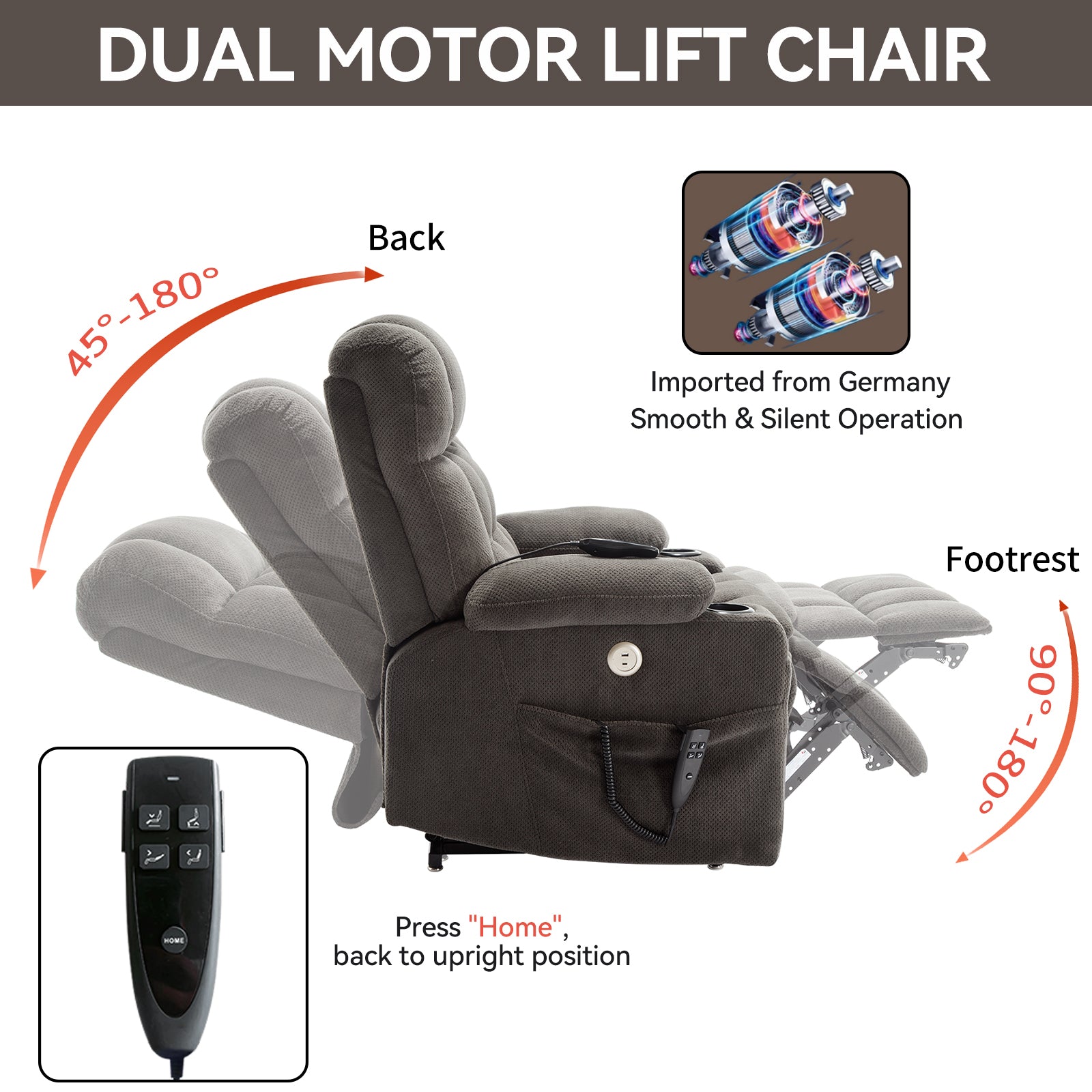 Brown Dual Motor Infinite Position Up to 350 LBS Chenille Power Lift Recliner Chair, Heavy Duty Motion Mechanism with 8-Point Vibration Massage and Lumbar Heating, Dual Cup Holders