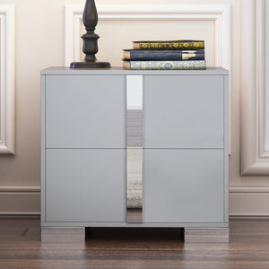 Gray mirrored nightstand with 2 drawers and metal feet, front view