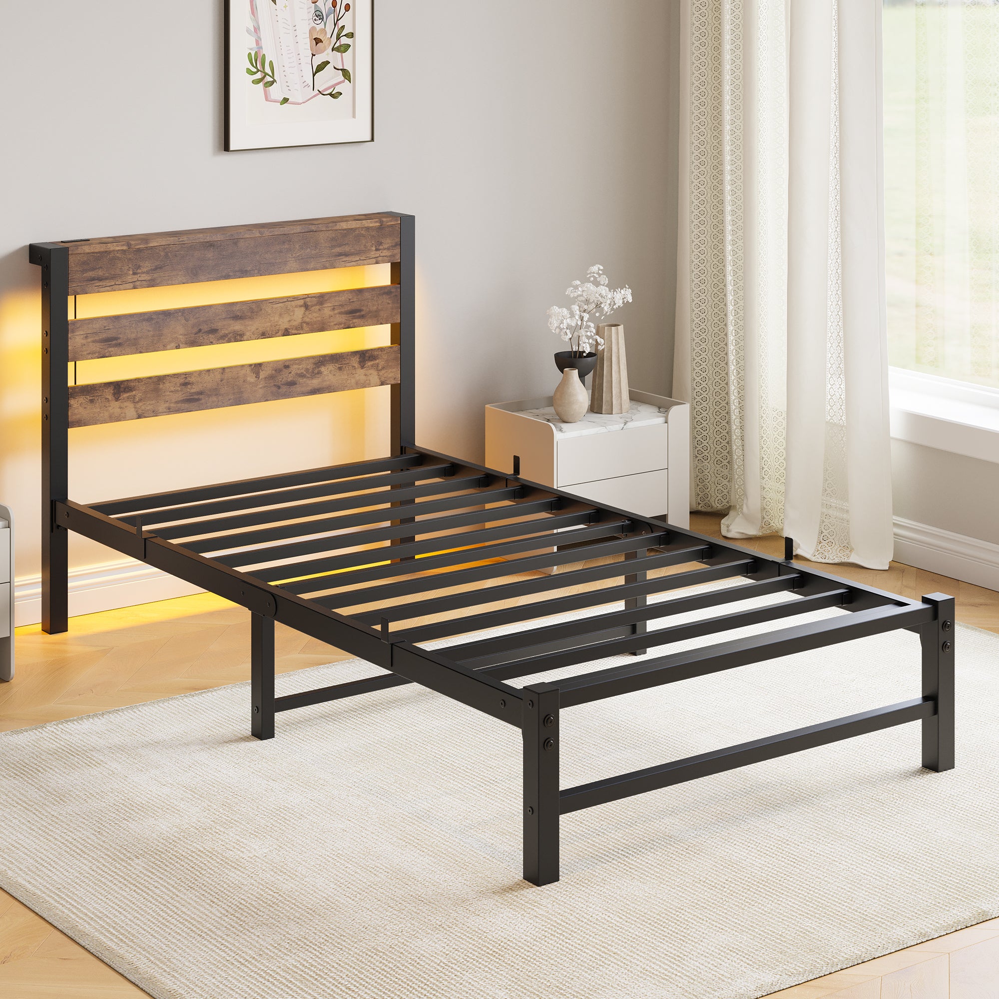 Twin Size Bed Frame Heavy Duty Platform Bed Frame with Headboard, USB Charging Station, LED Bed, No Box Spring Needed, Mattress Foundation, Strong Steel Slats, Noise Free, Brown