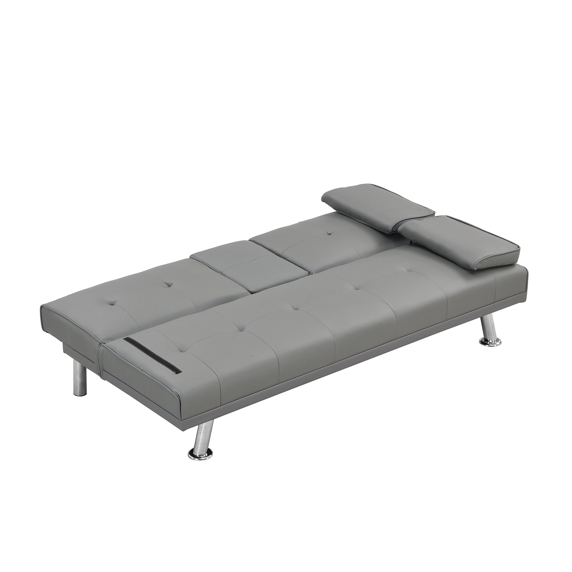 Sofa Bed with Armrest two holders WOOD FRAME, STAINLESS LEG, FUTON GREY PVC