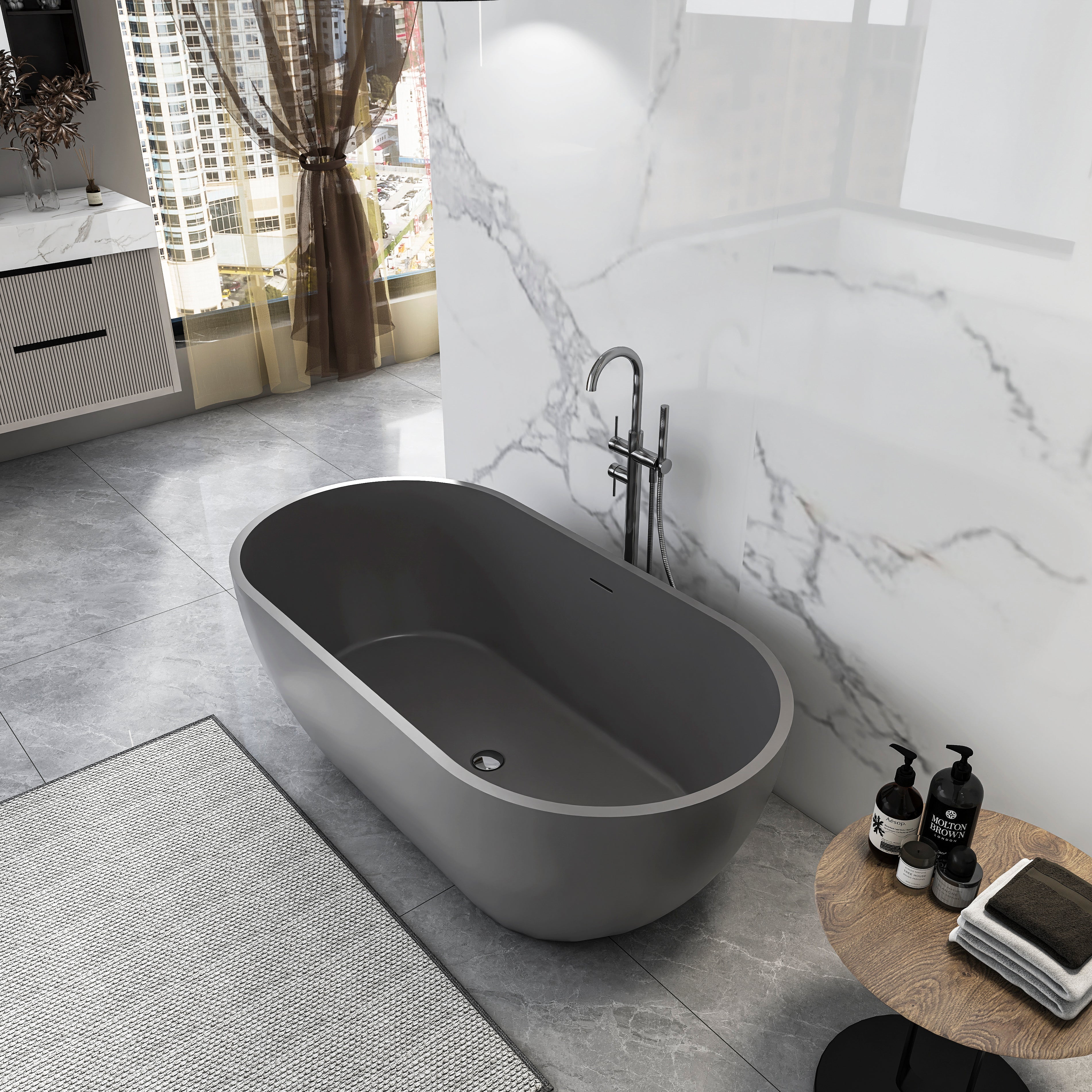 59-inch oval solid surface freestanding bathtub, angled view