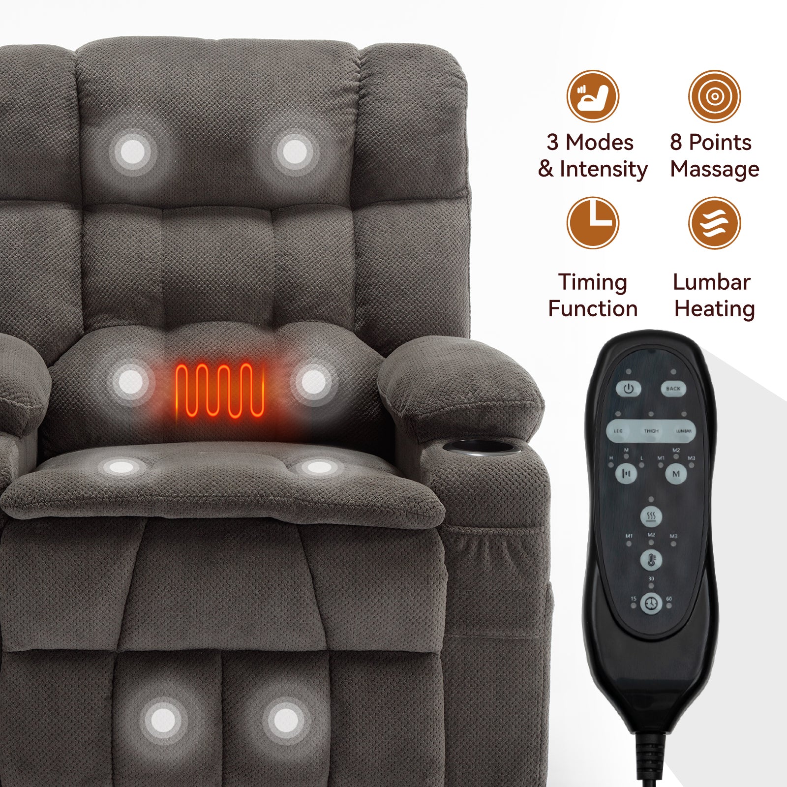 Brown Dual Motor Infinite Position Up to 350 LBS Chenille Power Lift Recliner Chair, Heavy Duty Motion Mechanism with 8-Point Vibration Massage and Lumbar Heating, Dual Cup Holders