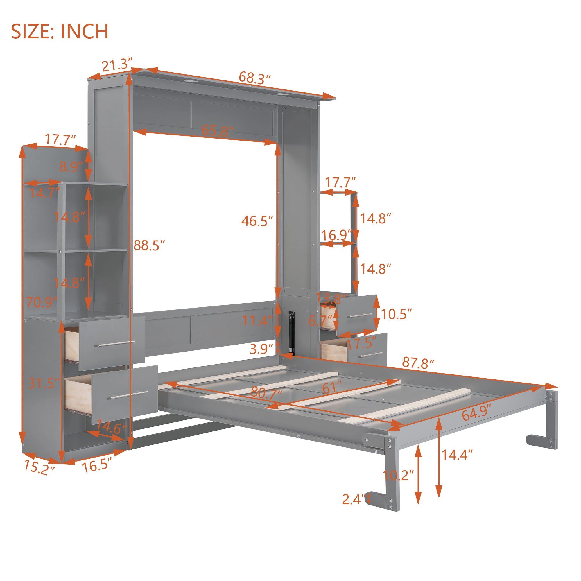 Queen Size Murphy Bed Wall Bed with Shelves, Drawers and LED Lights,Gray