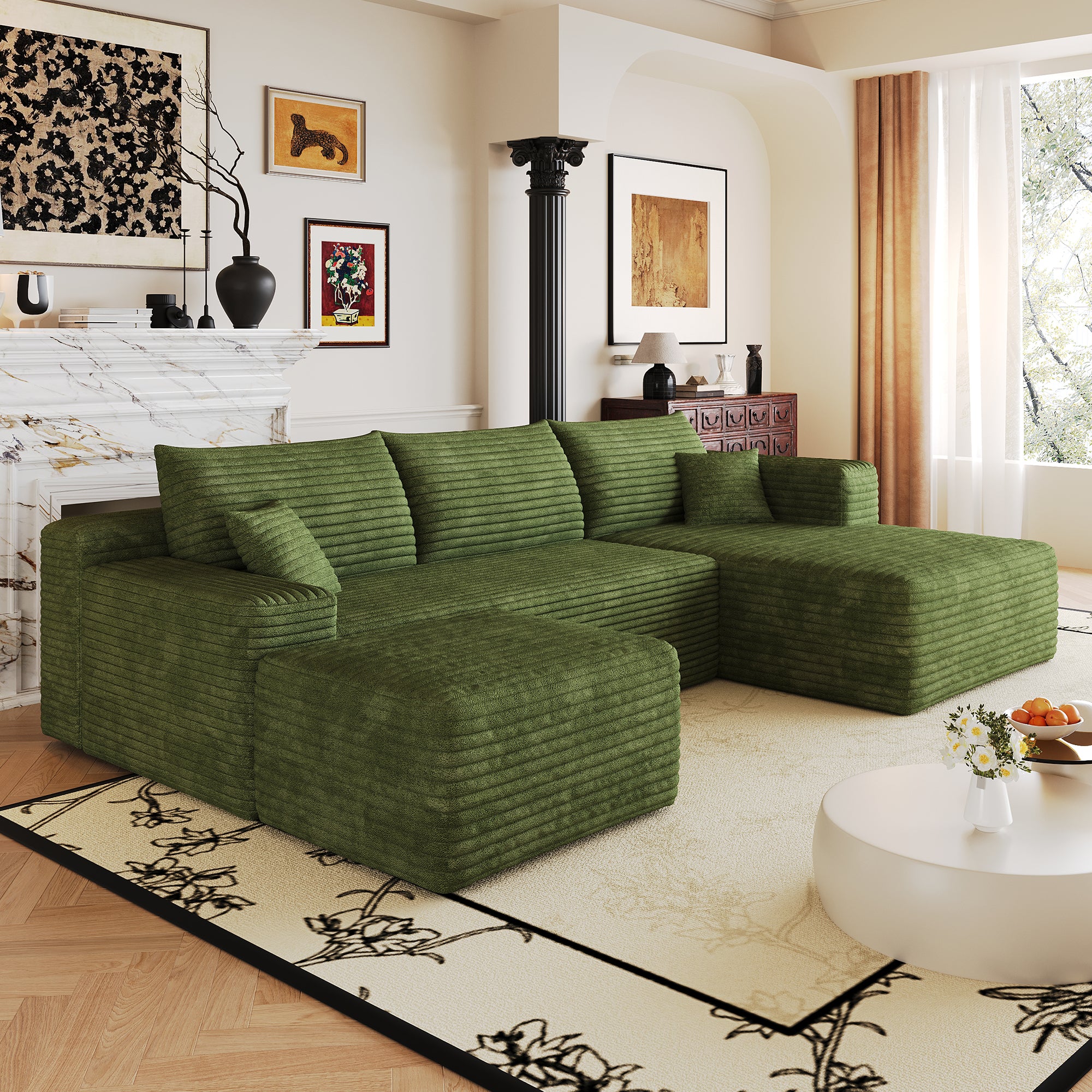 Green corduroy L-shaped sectional sofa in living room setting
