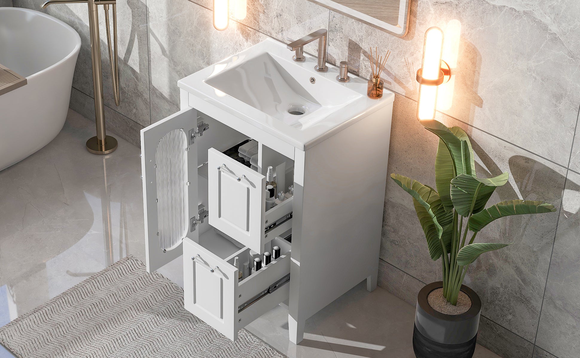 24" Bathroom Vanity with Sink, Bathroom Vanity Cabinet with Two Drawers and Door, Adjustable Shelf, Solid Wood and MDF, White