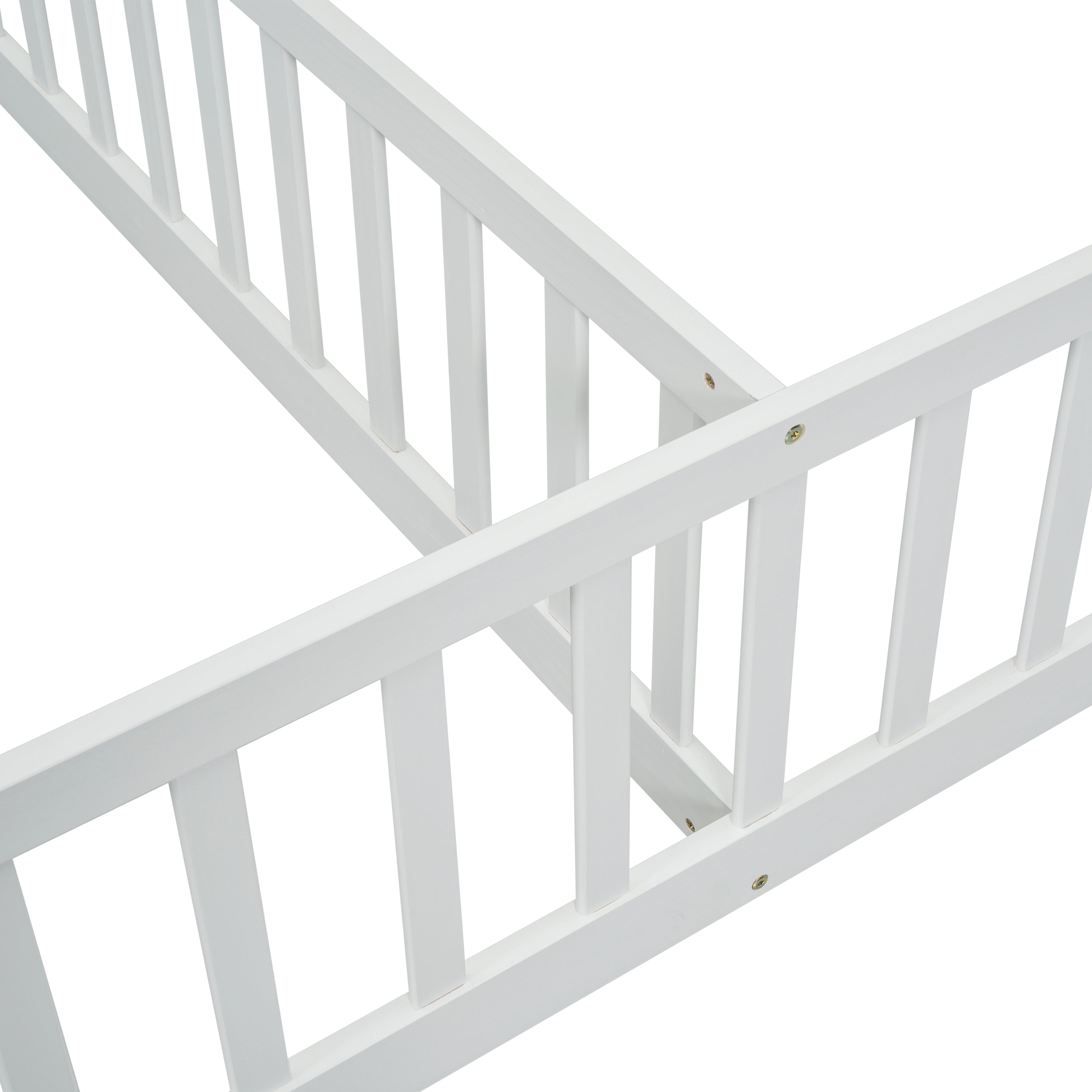 Double Twin House-Style Floor Bed with Fence, Guardrails, without door, White