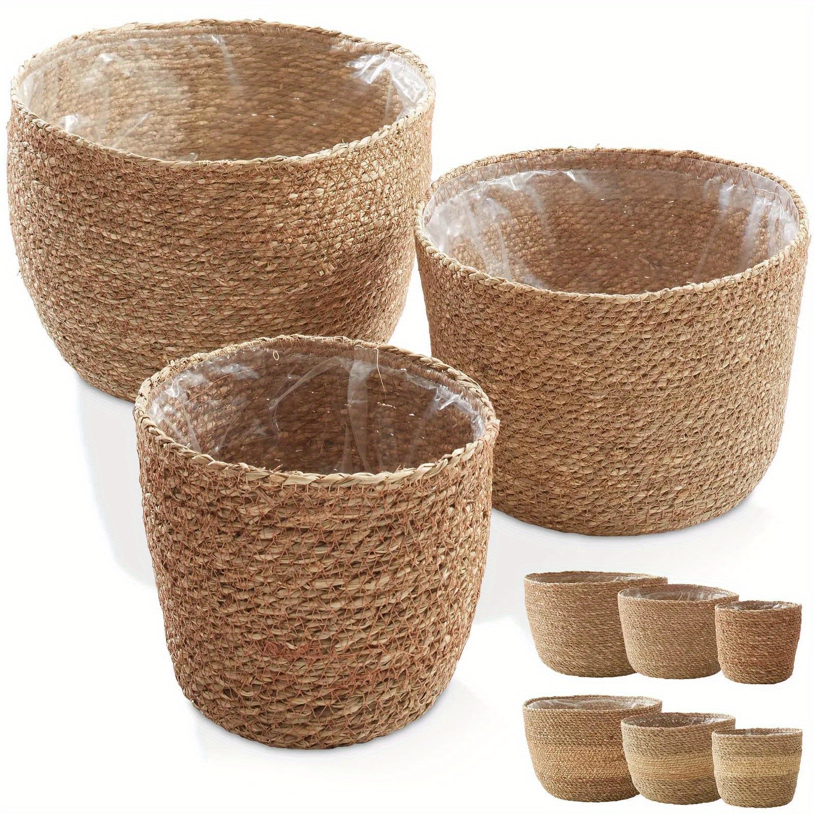 3pc Seagrass Planter Baskets with Liners, Indoor Plant Flower Pot Covers