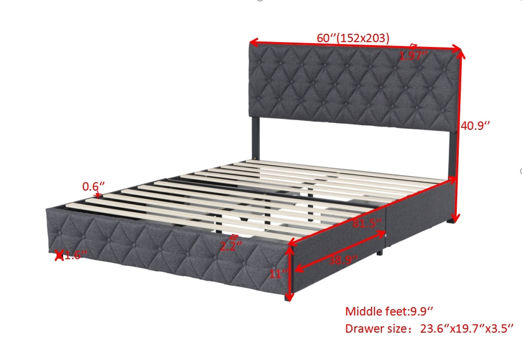 Queen Size Upholstered Platform Bed Frame with 4 Storage Drawers, Adjustable Linen Headboard, Wooden Slats Support, No Box Spring Needed, Easy Assembly,Grey