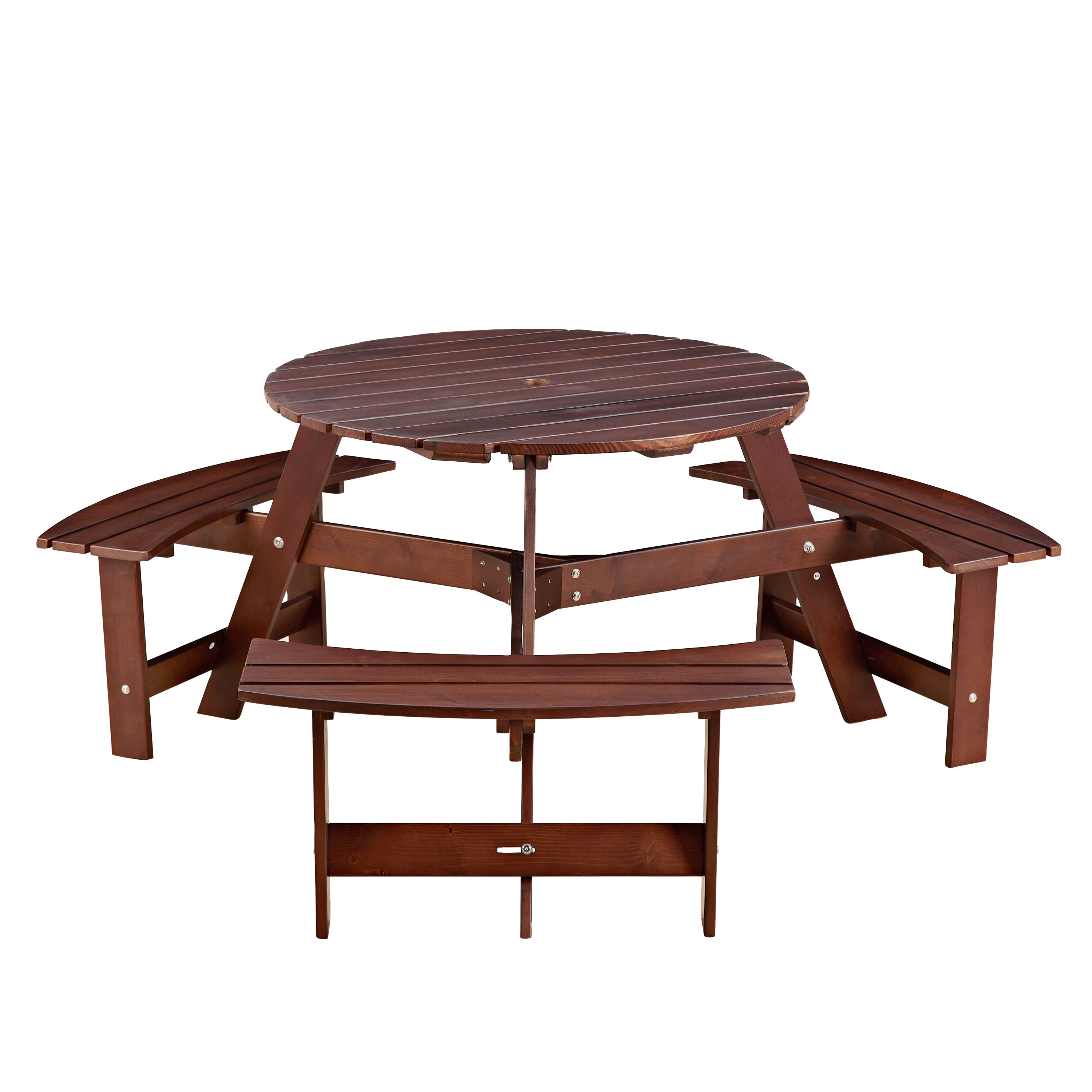 Outdoor 6 Person Picnic Table, 6 person Round Picnic Table with 3 Built-in Benches, Umbrella Hole, Outside Table and Bench Set for Garden, Backyard, Porch, Patio, Brown