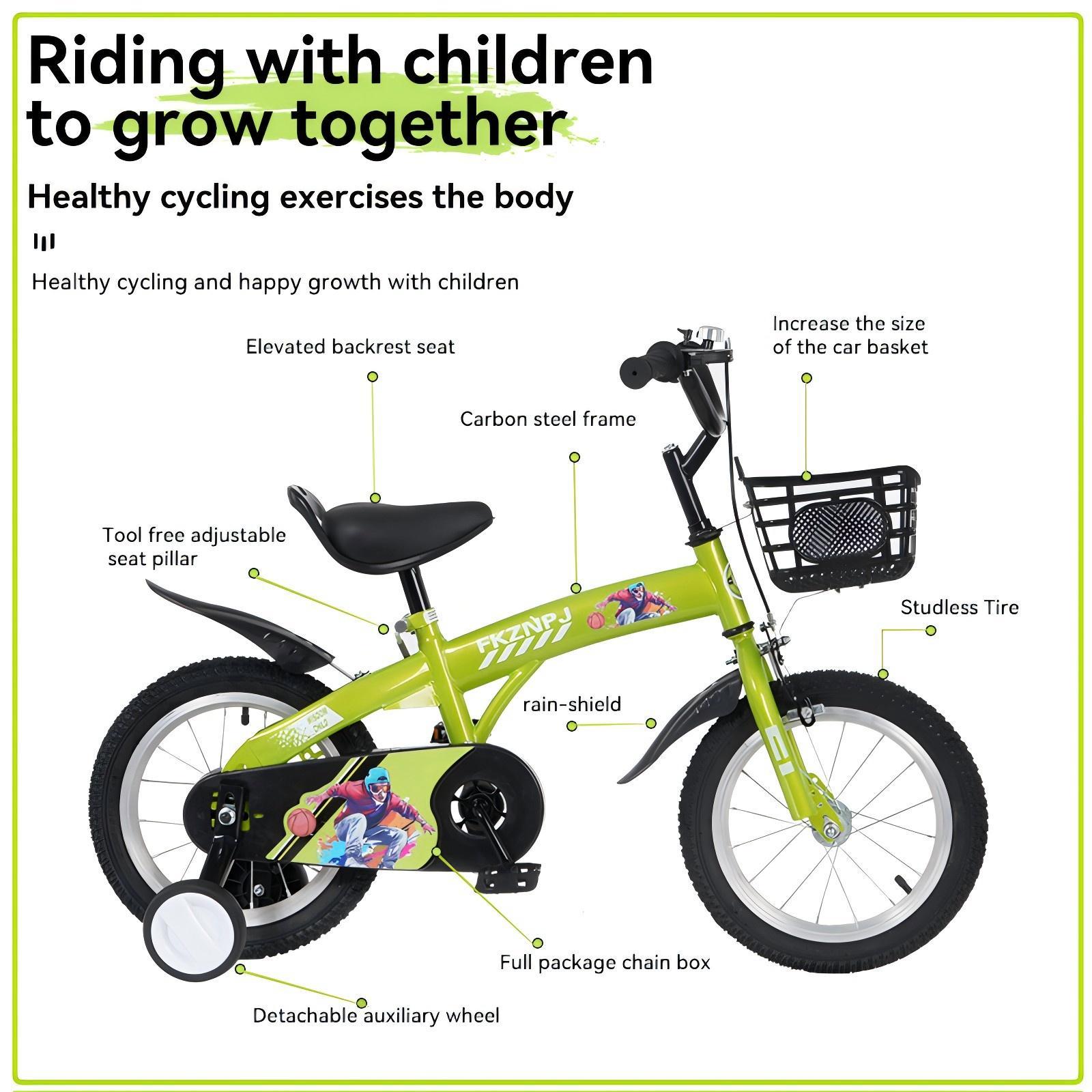 FKZNPJ 16 inch sporty kids bike with training wheels and stand Adjustable saddle Suitable for boys and girls aged 4-8 years tall Height 41-46 inches Available in a variety of colors