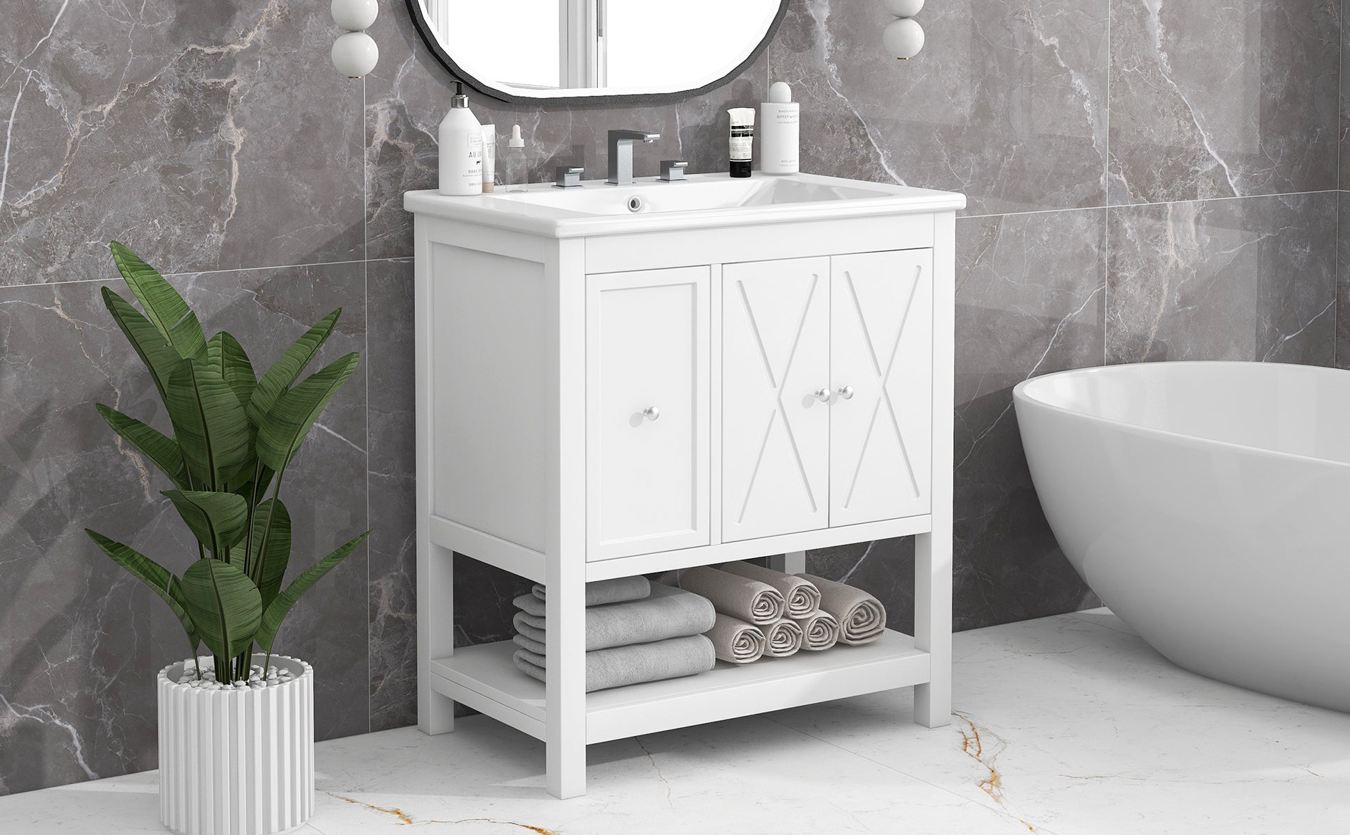 30" Bathroom Vanity with Sink Top, Bathroom Vanity Cabinet with Two Doors and One Drawer, MDF Boards, Solid Wood, One Package, White