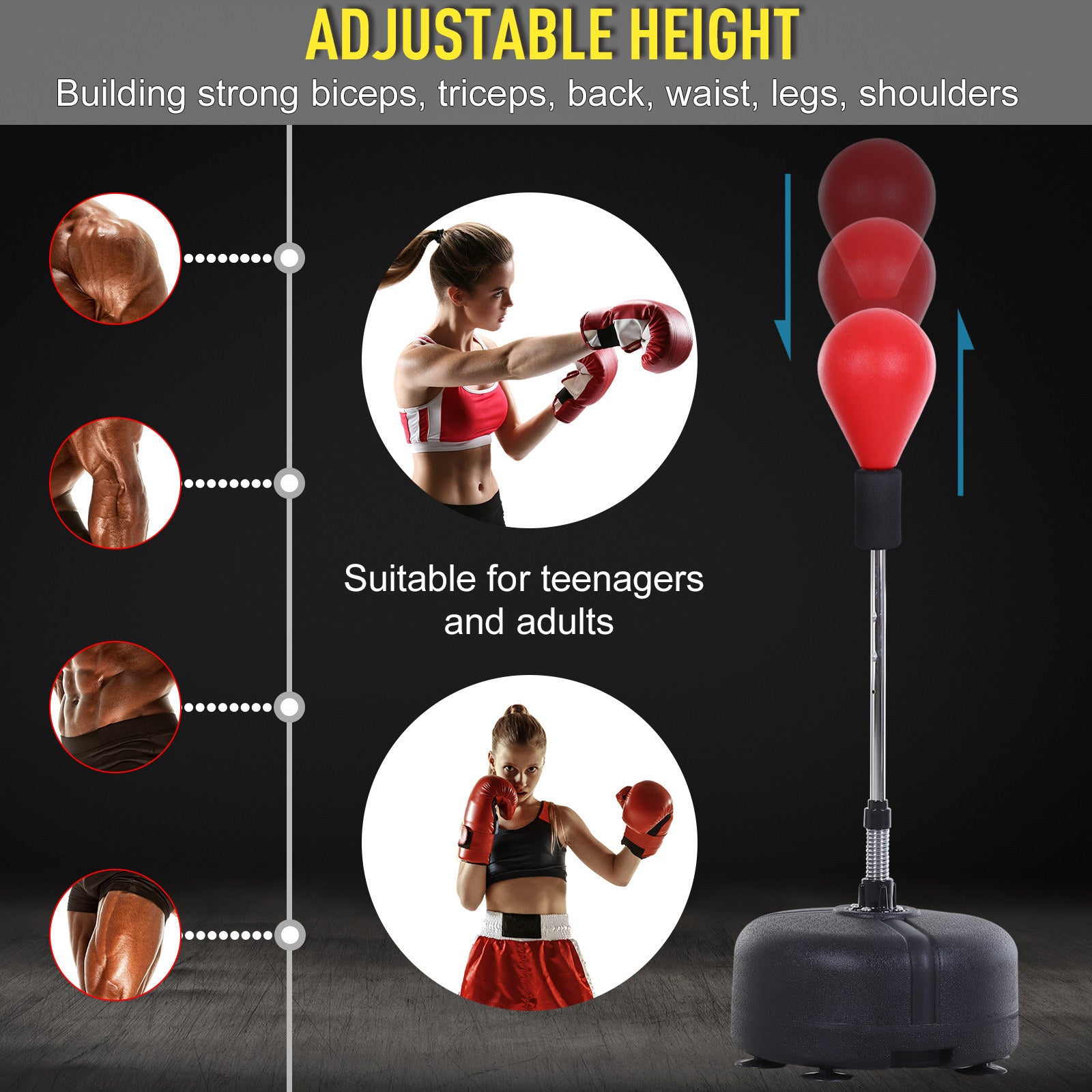 Soozier Free Standing Punching Bag with Stand and Boxing Gloves, Height Adjustable Boxing Bag Set, For Training, Exercise, Fitness & Stress Relief - Red