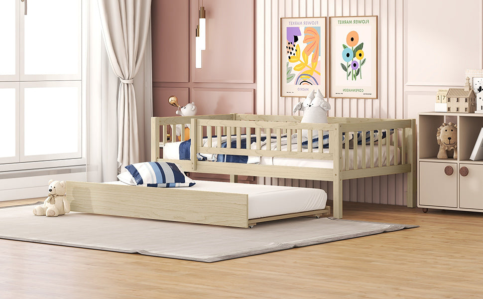 Twin Size Wood Daybed with Trundle and Fence Guardrails, Natural