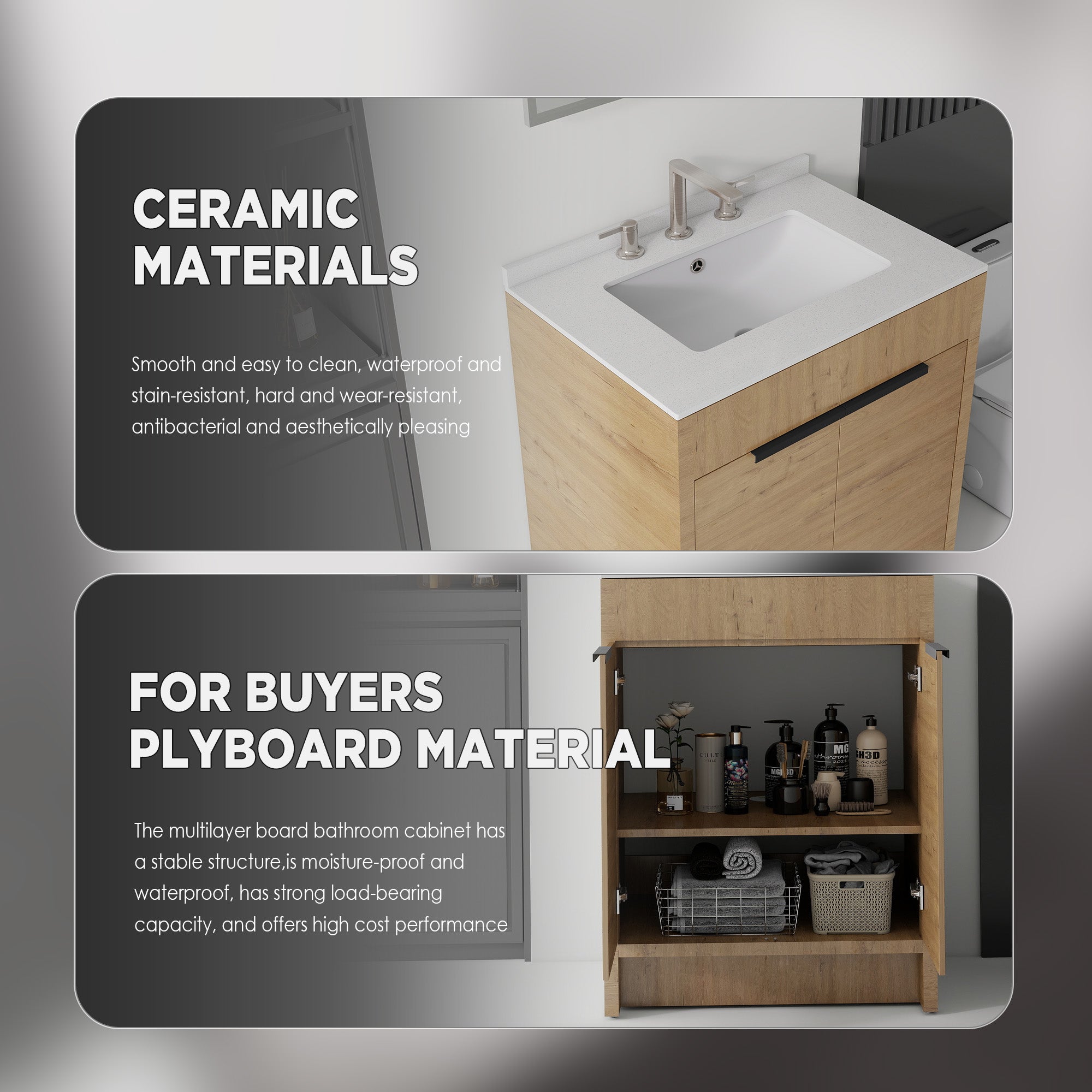 Oak freestanding bathroom vanity with open soft-close door showing storage