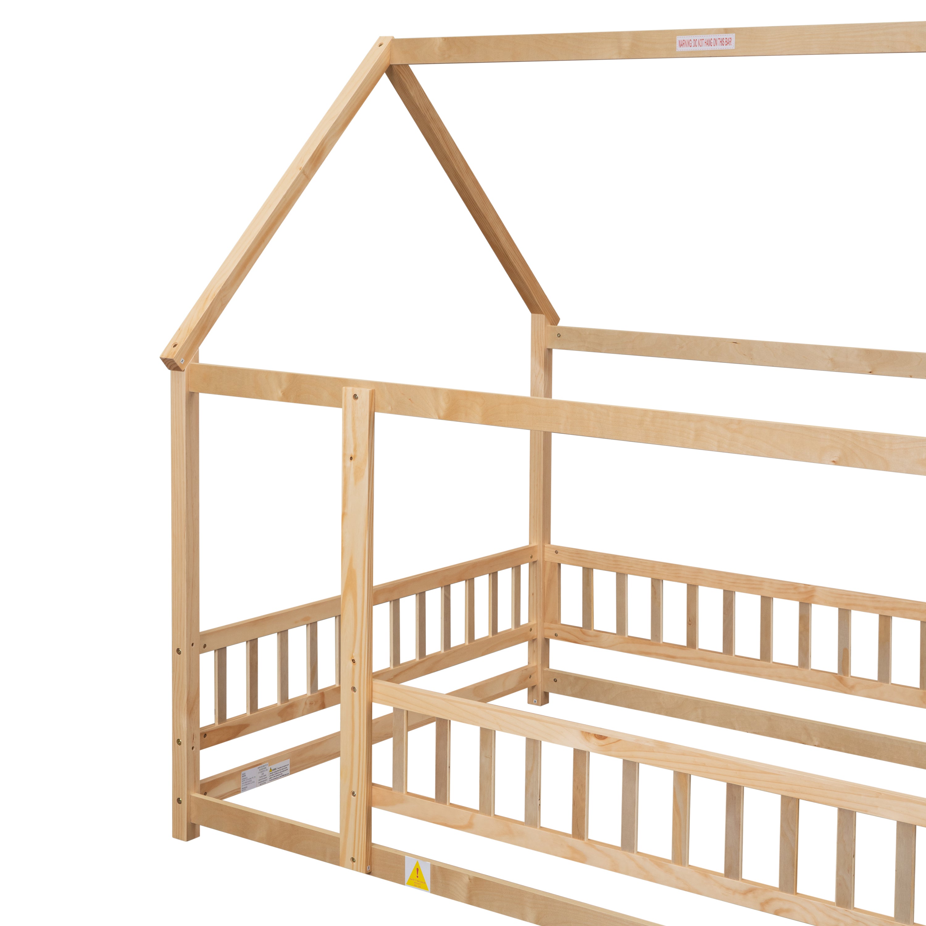 Full Size Floor Wooden Bed with House Roof Frame, Fence Guardrails ,Nartural(Old SKU:W504105242)