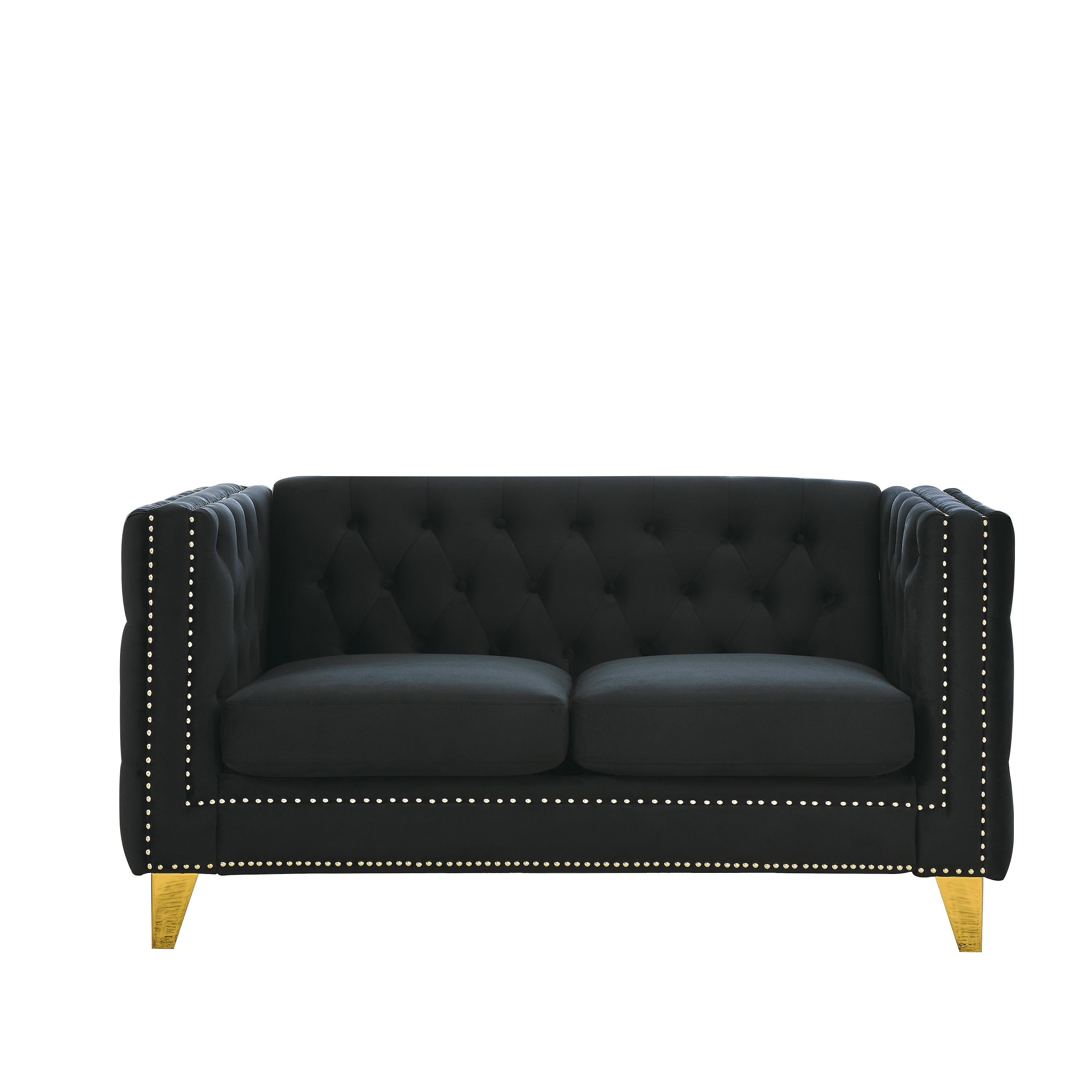 {Contact us for 3D modeling} Velvet Sofa for Living Room,Buttons Tufted Square Arm Couch, Modern Couch Upholstered Button and Metal Legs, Sofa Couch for Bedroom, Black Velvet-2S(W834S00053)