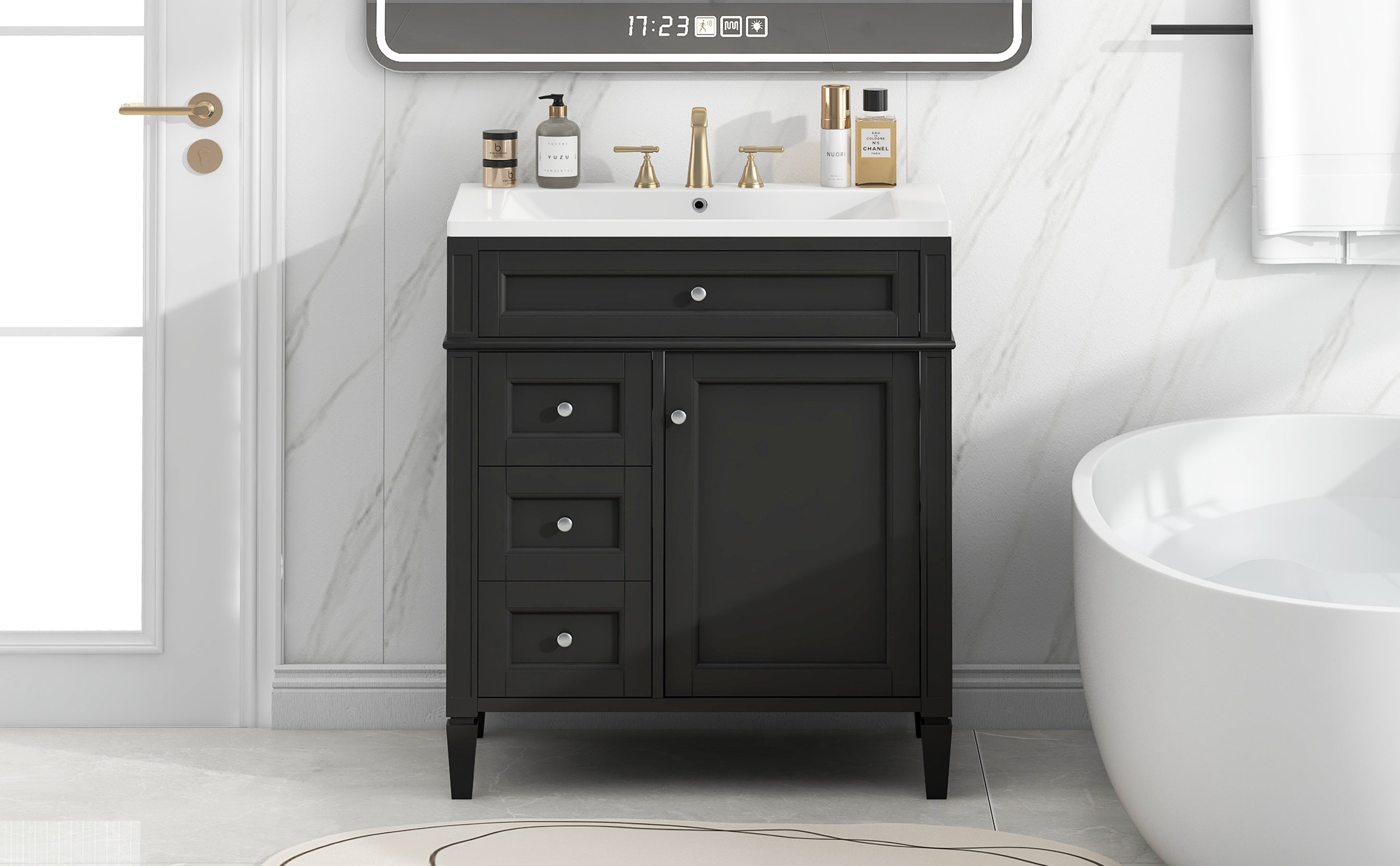 30'' Bathroom Vanity with Top Sink, Modern Bathroom Storage Cabinet with 2 Drawers and a Tip-out Drawer, Single Sink Bathroom Vanity