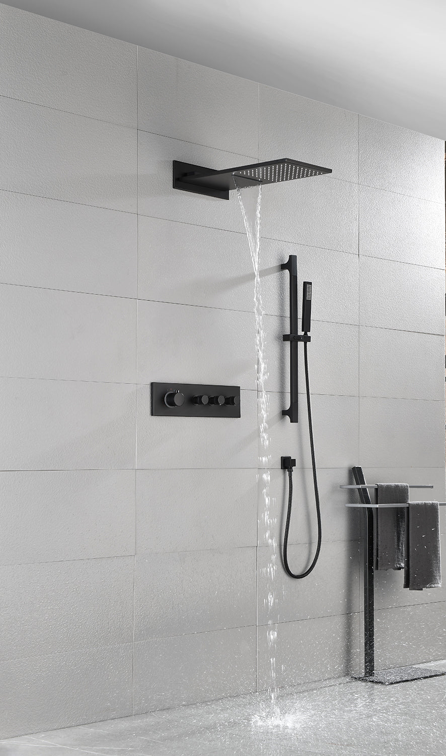 Shower System Square Bathroom Luxury Rain Mixer Shower Combo Set Pressure Balanced Shower System with Shower Head, Hand Shower, Slide Bar, Shower Arm, Hose, and Valve Trim