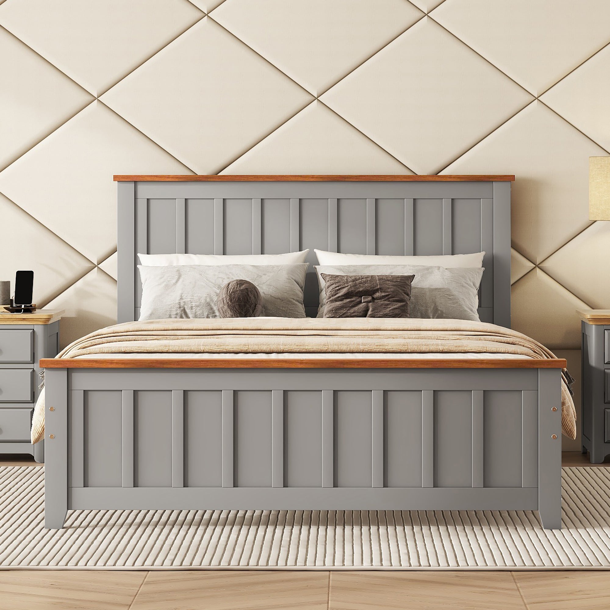 Full Size Wood Platform Bed Wooden Slat Support, Vintage Simple Bed Frame with Rectangular Headboard and Footboard, Grey