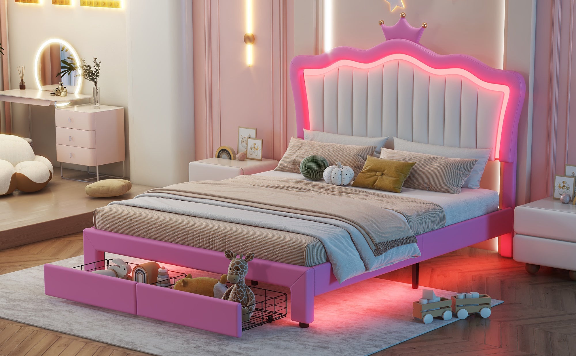 Full Size Upholstered Bed Frame with LED Lights, Modern Upholstered Princess Bed with Crown Headboard, 2 Drawers, Pink+White