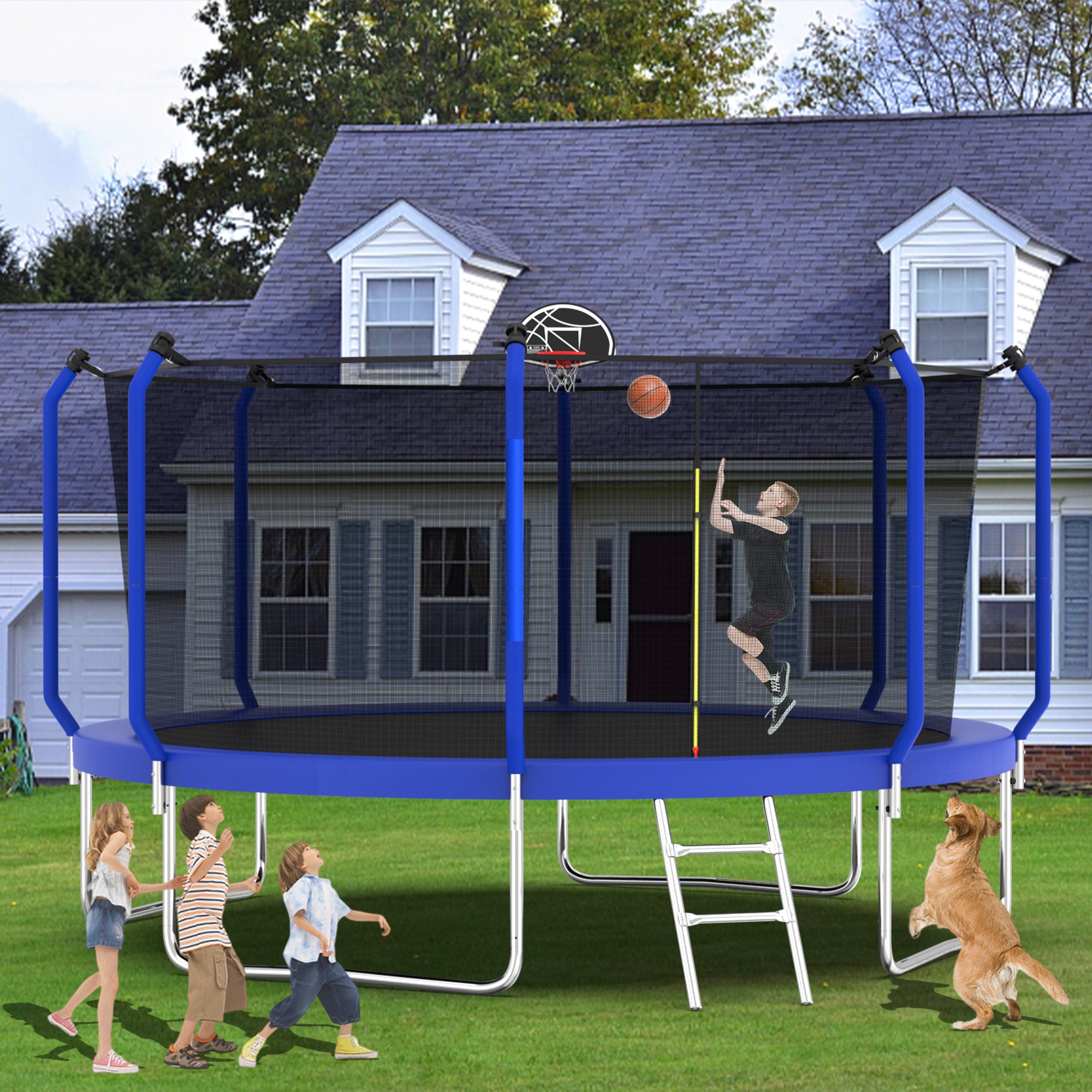 12FT Trampoline with Basketball Hoop,  ASTM Approved Reinforced Type Outdoor Trampoline with Enclosure Net