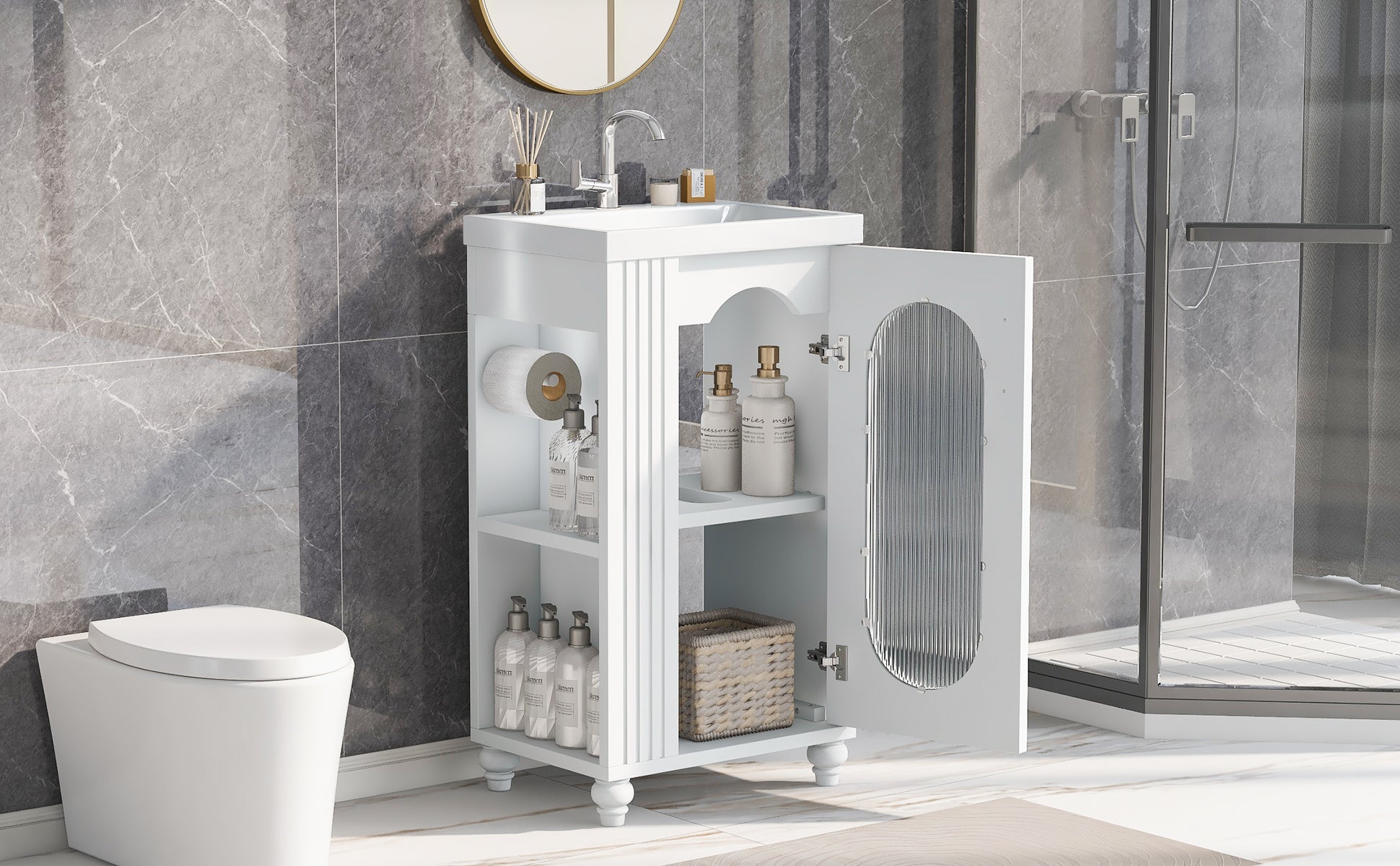 20" Bathroom Vanity with Sink, Bathroom Vanity Cabinet with Two-tier Shelf, Adjustable Shelf, Solid Wood and MDF, White