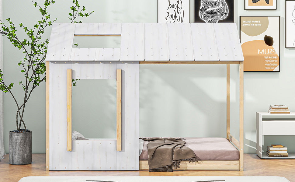 Twin Size House Platform with Roof and Window , White+Natural