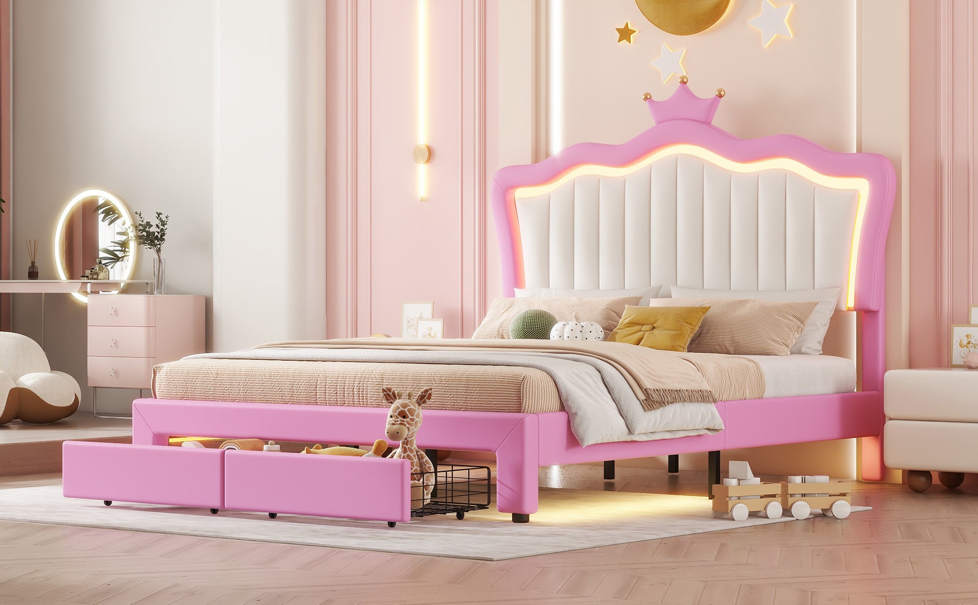 Full Size Upholstered Bed Frame with LED Lights, Modern Upholstered Princess Bed with Crown Headboard, 2 Drawers, Pink+White