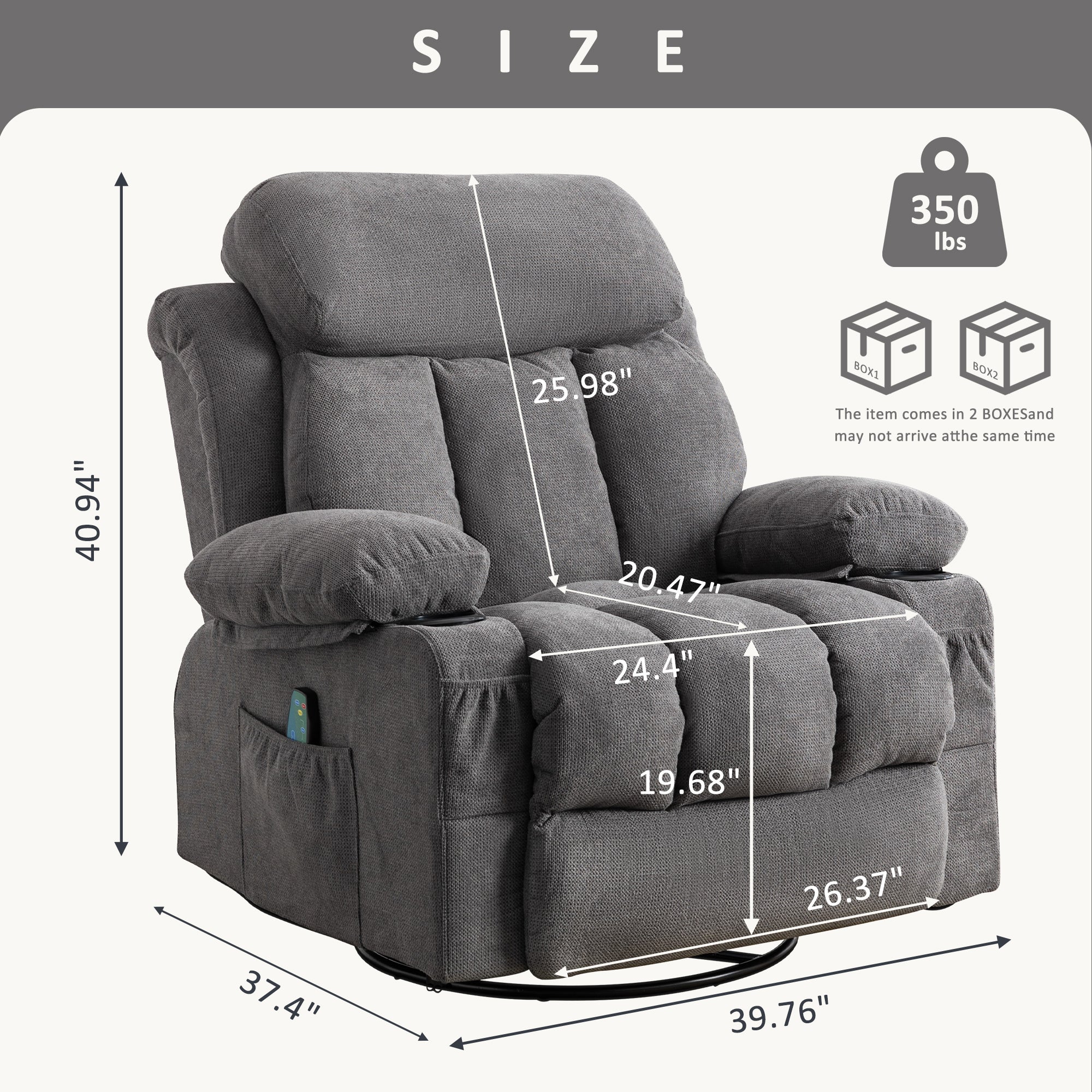 Vanbow.Swinging recliner massage heated sofa, with USB and 2 cup holders in side pockets, PackageA+B (gray fabric )